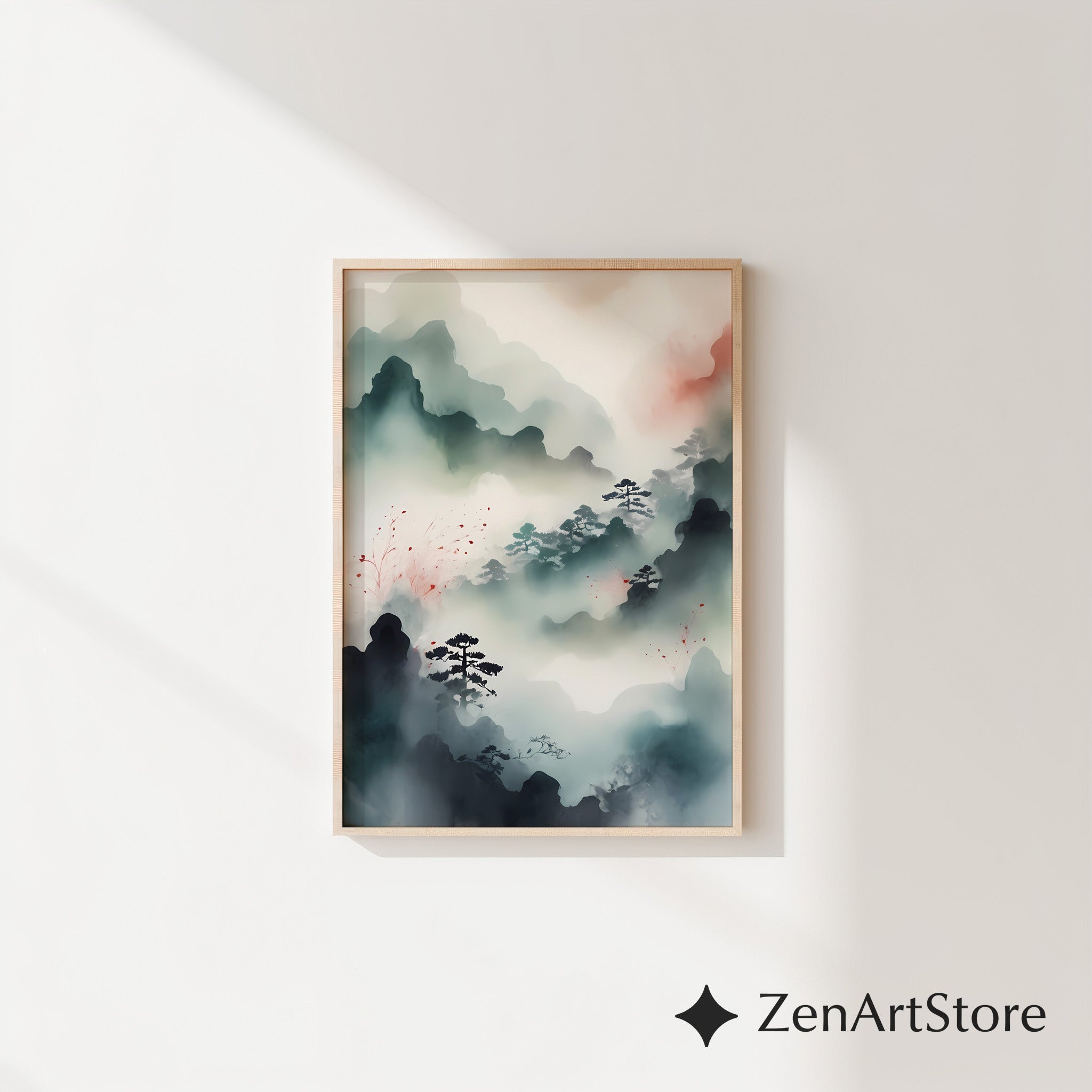 Misty Mountain Zen Landscape Print - Japandi Minimal Ink Wash Wall Art, Neutral Calm Pine Trees