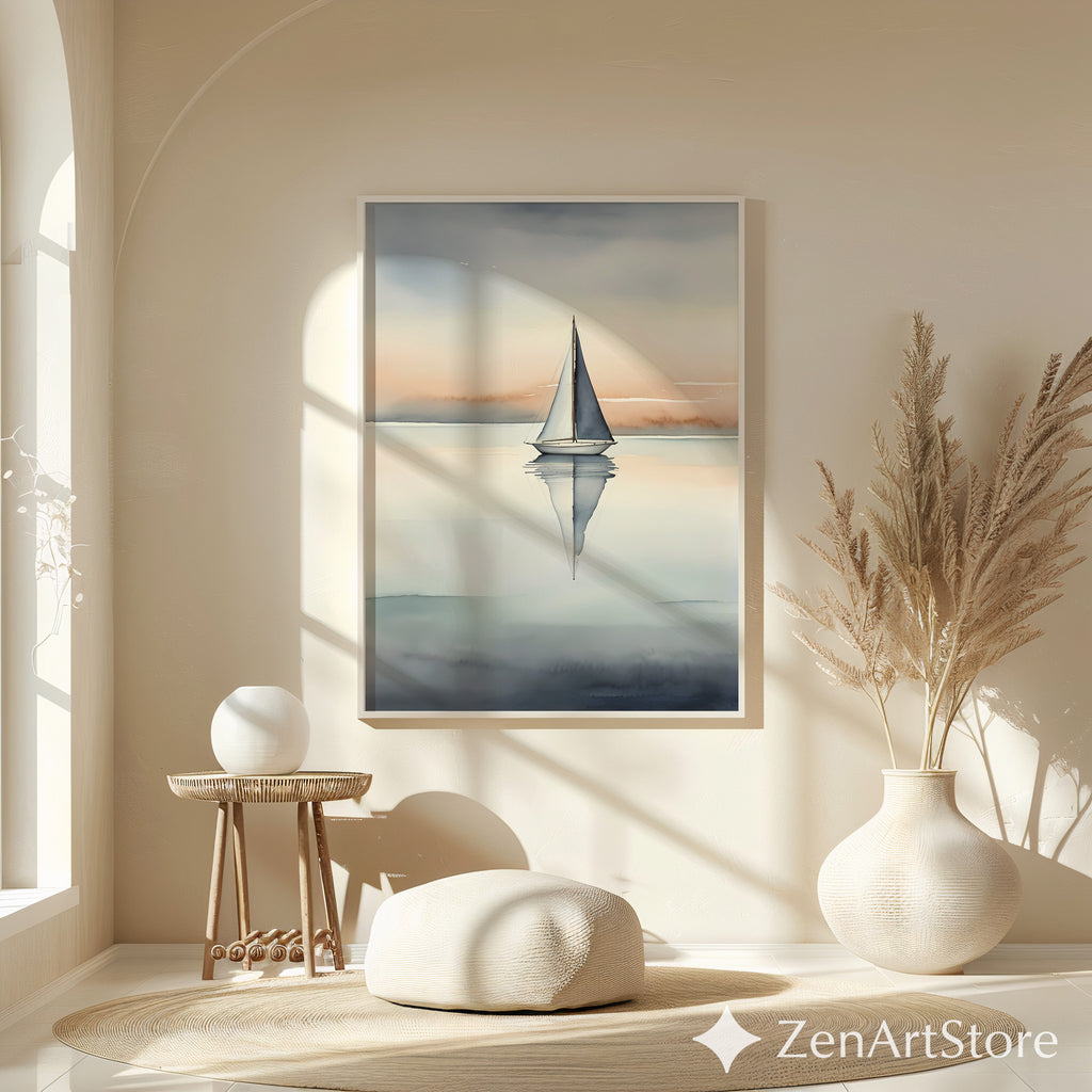 Minimal Sailboat Wall Art - Calm Coastal Watercolor Print, Scandinavian Japandi Neutral Seascape for Living Room & Bedroom