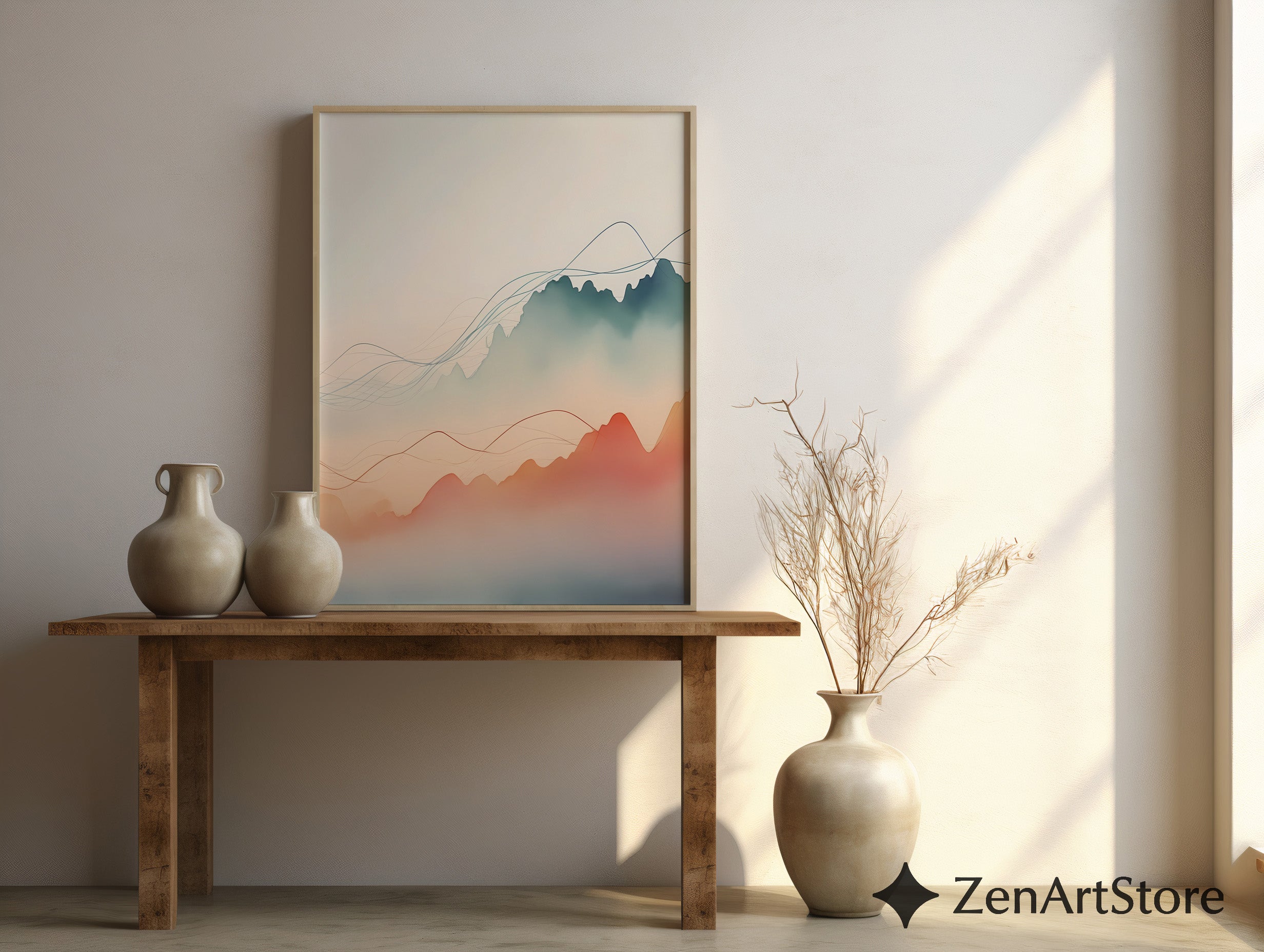 Minimal Abstract Mountain Landscape Wall Art, Japandi Neutral Pastel Line Art Print for Living Room & Bedroom