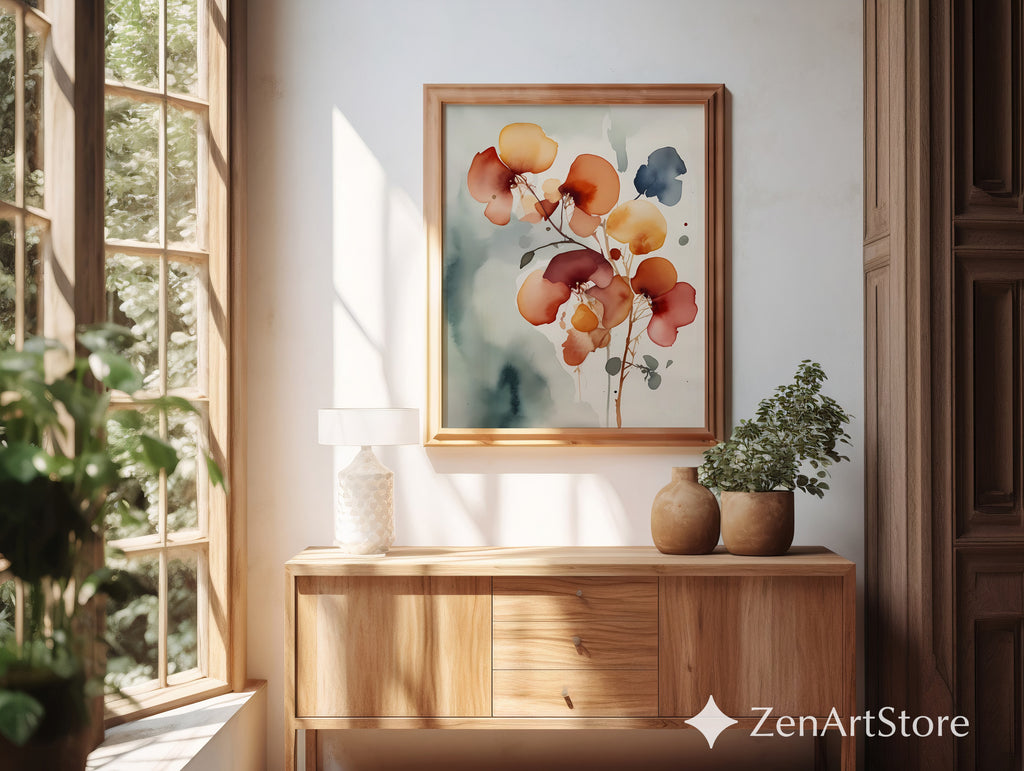 Abstract Floral Wall Art Print - Warm Rust & Ochre Minimal Botanical Japandi Wabi Sabi Neutral Home Decor