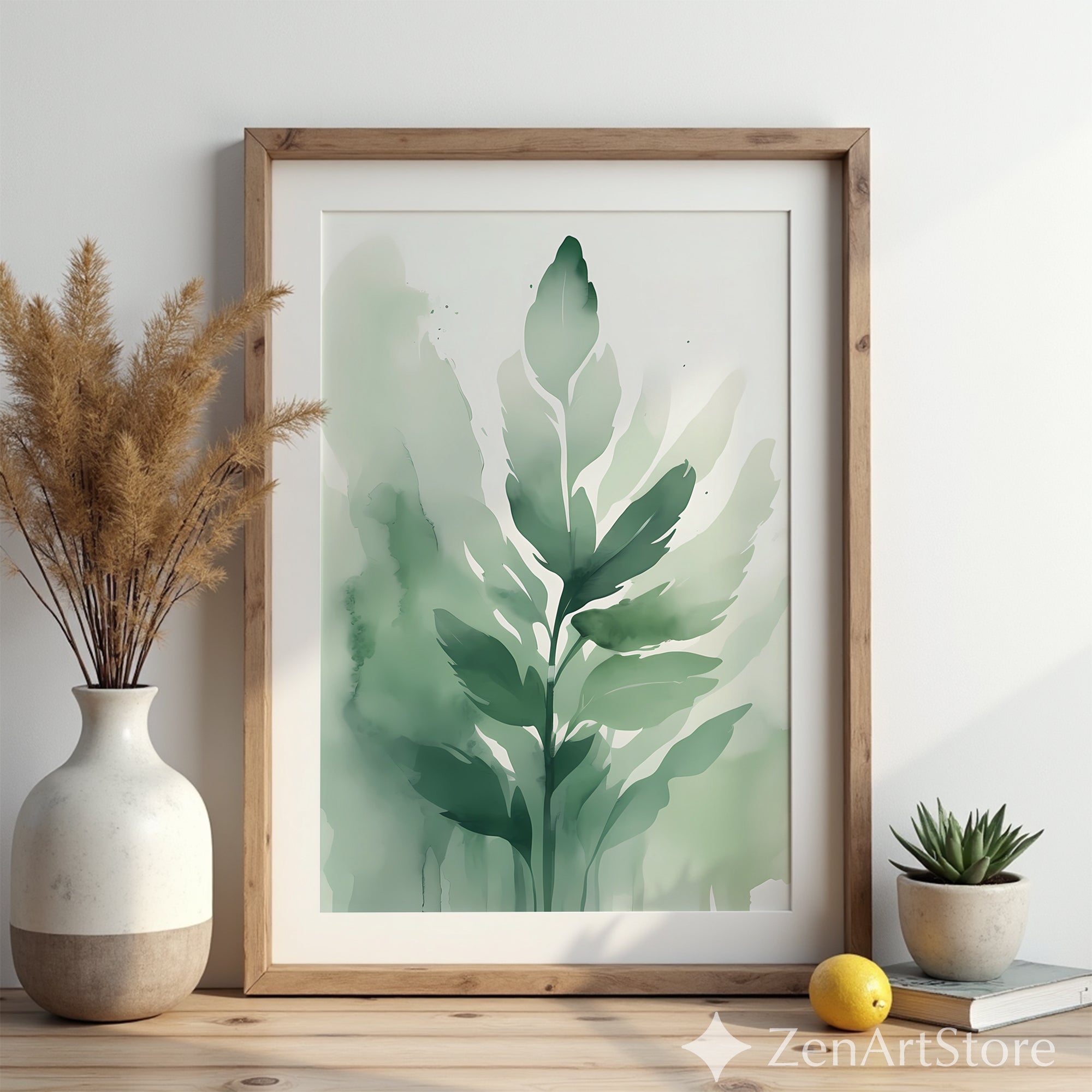 Sage Green Botanical Wall Art - Minimal Watercolor Leaf Print, Japandi Scandinavian Neutral Home Decor