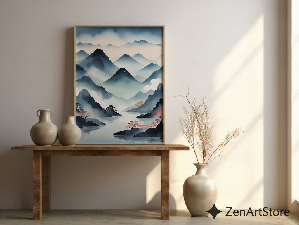 Misty Mountain Japanese Landscape Print - Zen Japandi Watercolor Wall Art for Living Room