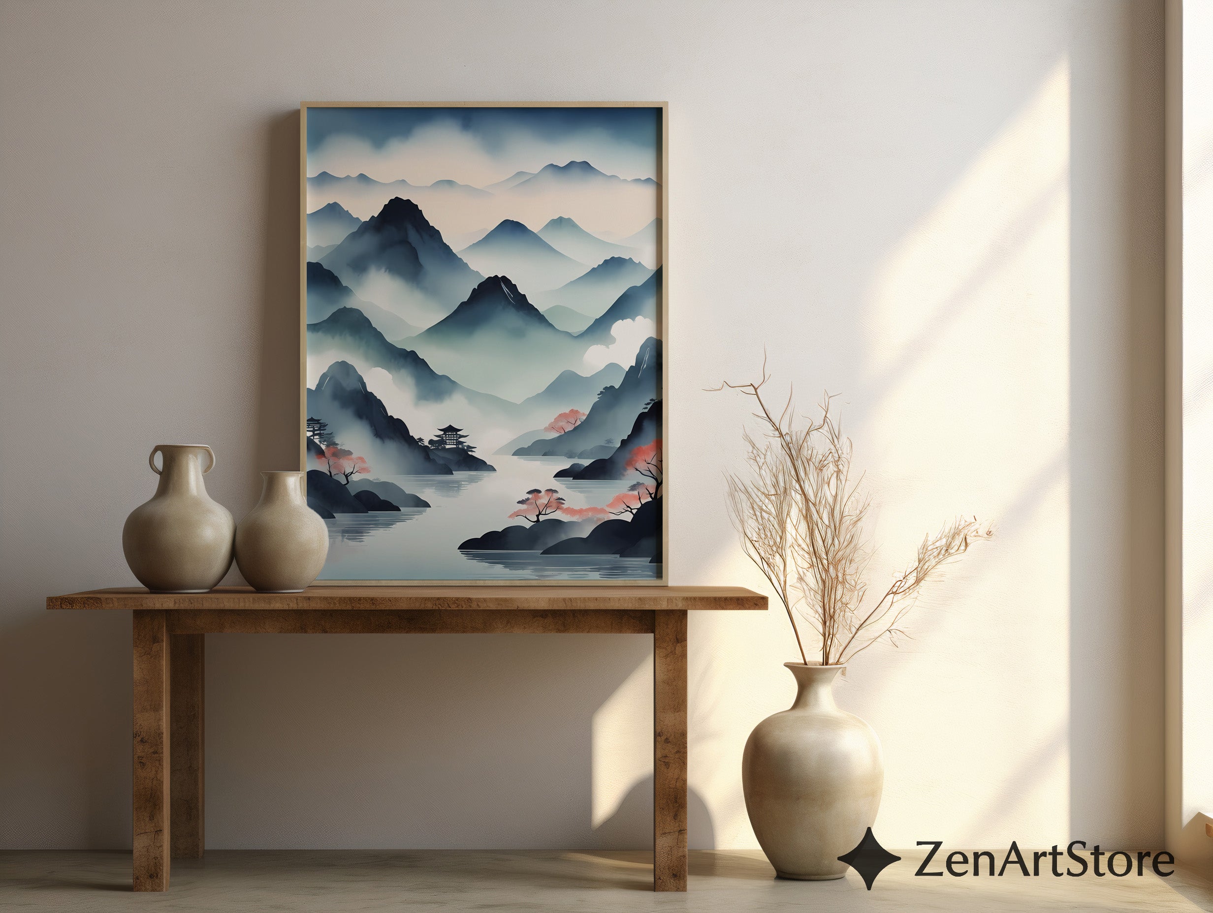 Misty Mountain Japanese Landscape Print - Zen Japandi Watercolor Wall Art for Living Room