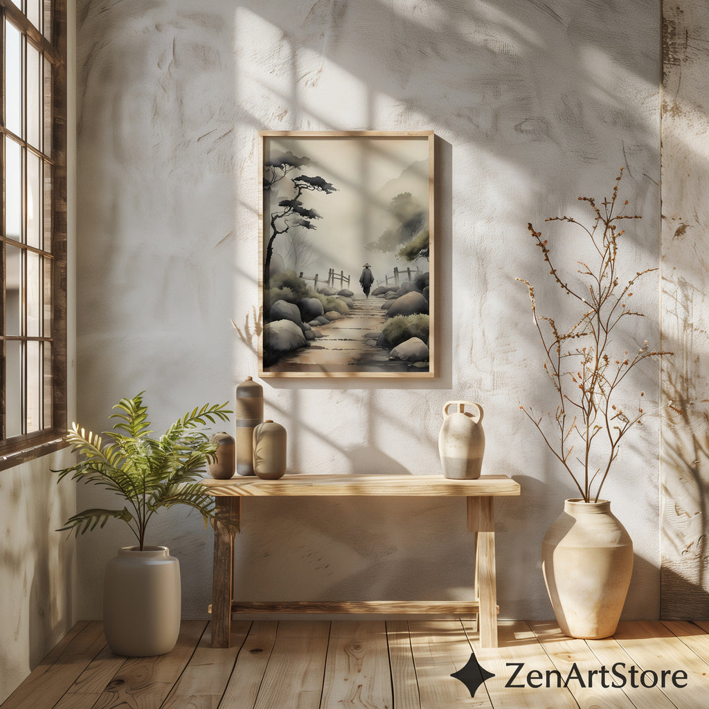 Misty Japanese Pathway Zen Landscape Print - Minimal Japandi Wall Art, Neutral Sumi-e Home Decor