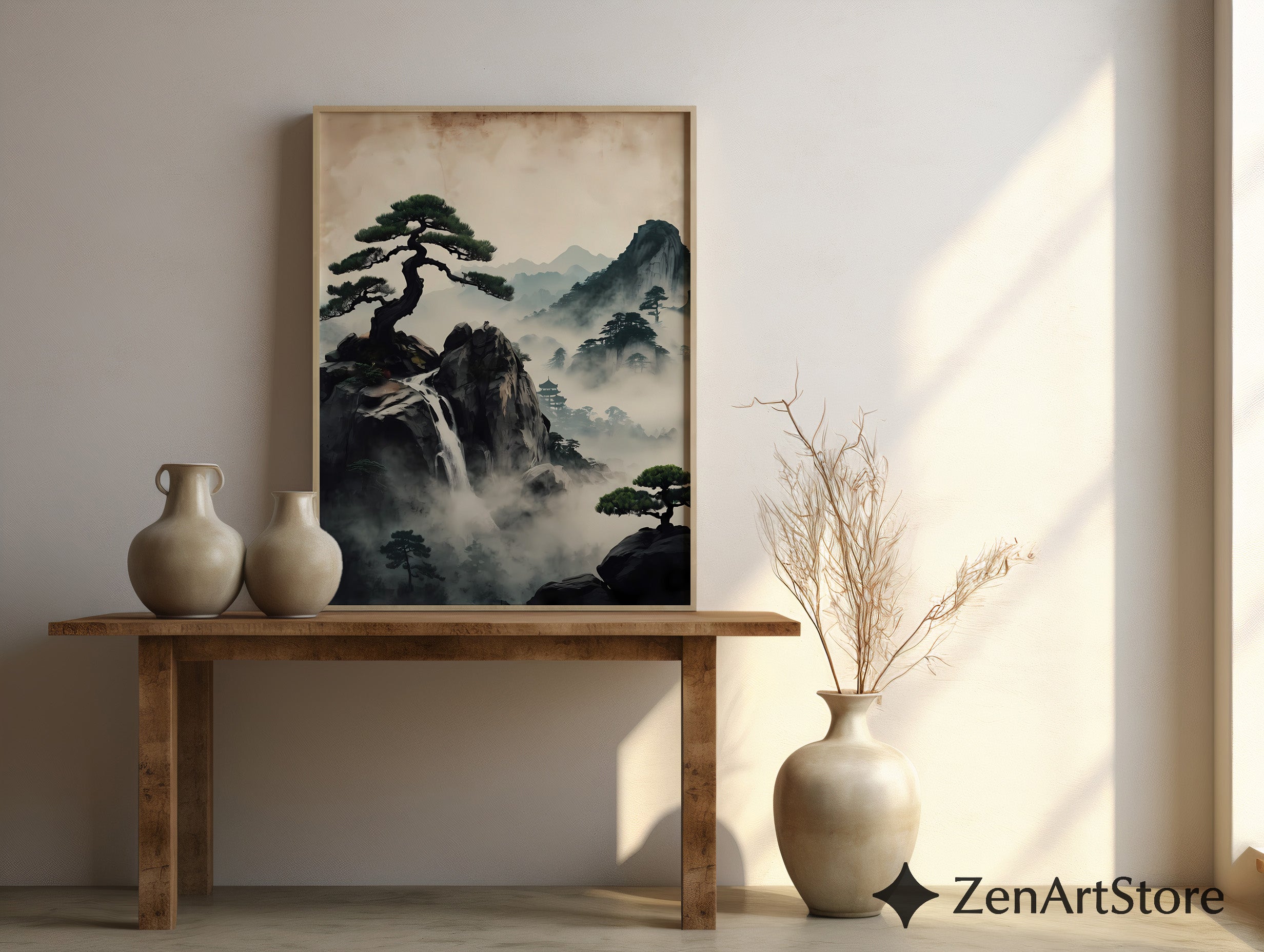 Zen Misty Mountain Landscape Print - Japanese Waterfall Bonsai Wall Art, Wabi Sabi Home Decor