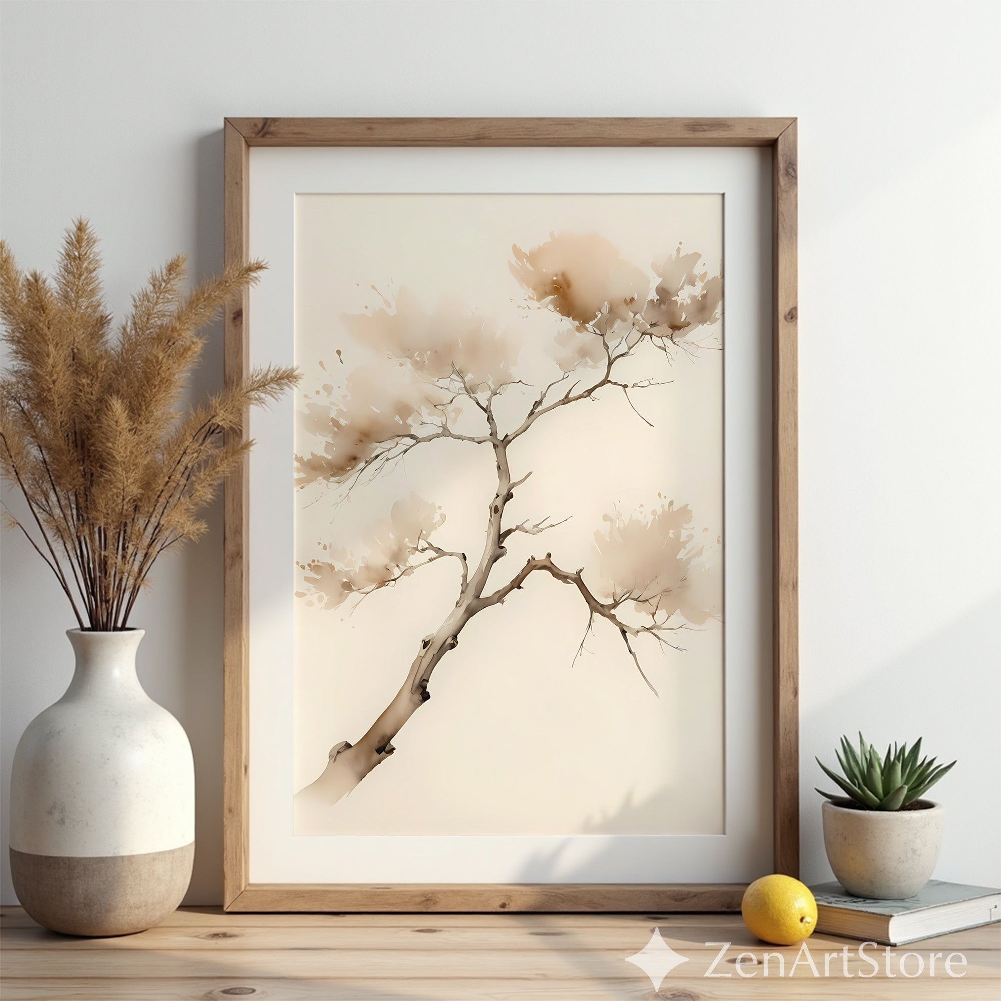 Neutral Zen Branch Watercolor Print - Minimal Japandi Botanical Wall Art in Beige & Brown for Modern Home Decor