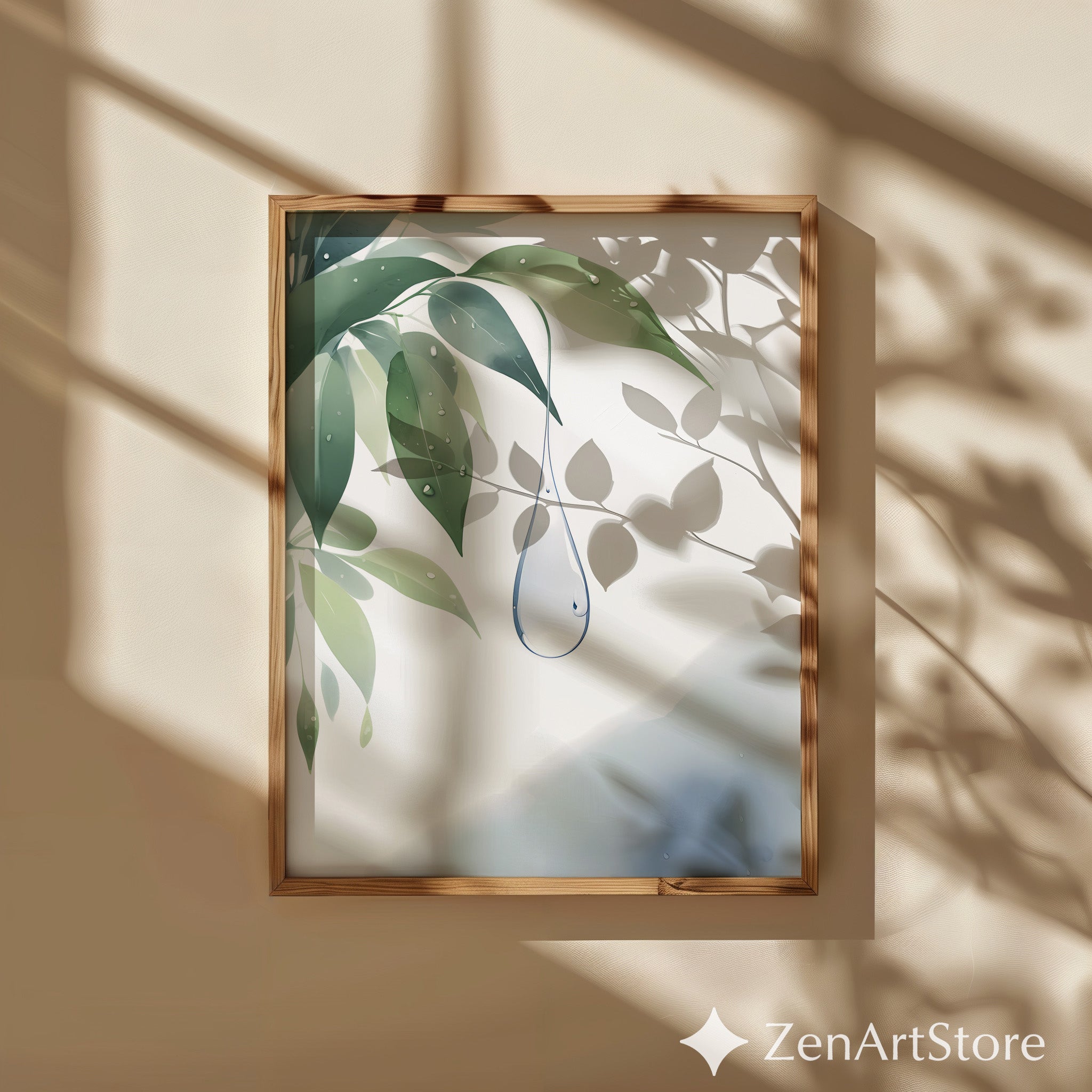 Minimal Botanical Water Droplet Print - Zen Japandi Wall Art, Green Leaf Watercolor, Calm Neutral Home Decor