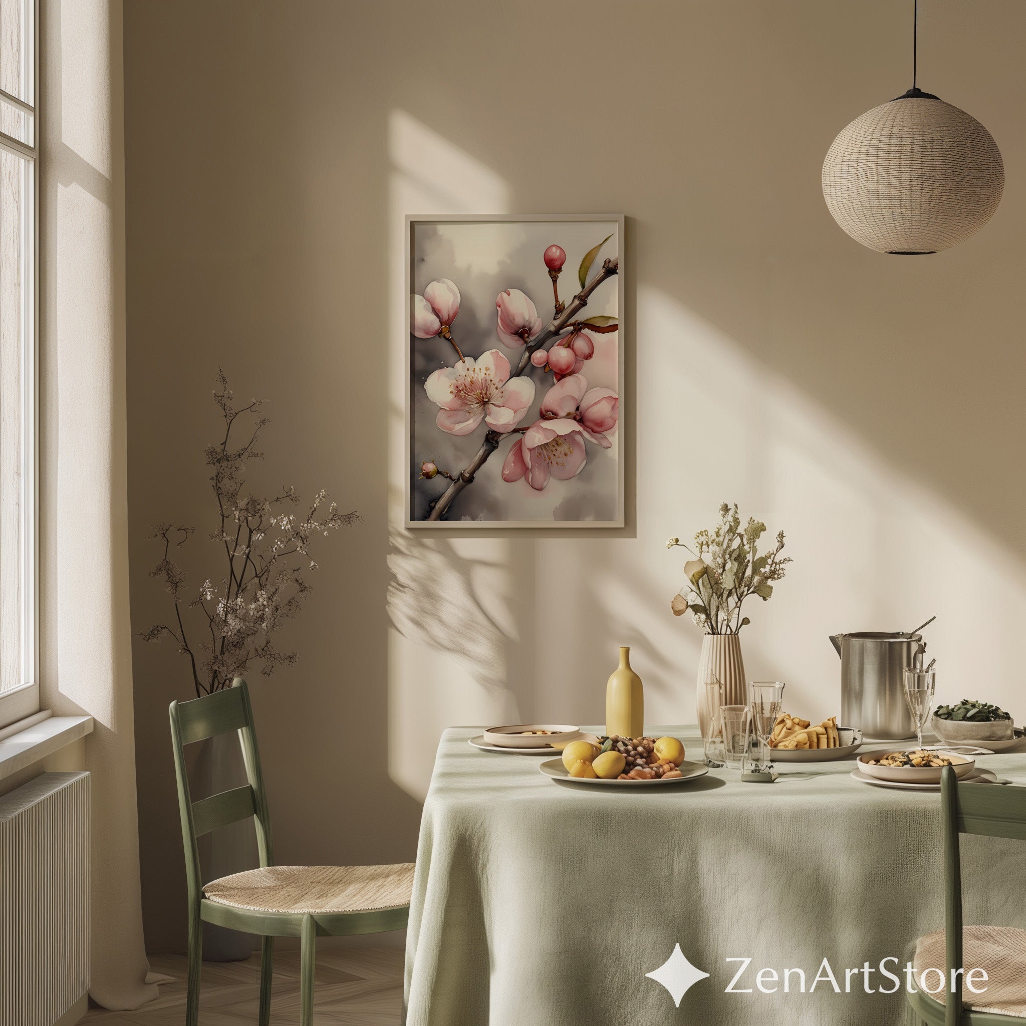 Soft Pink Cherry Blossom Wall Art - Botanical Watercolor Print, Japandi Minimal Floral Home Decor, Neutral Blush Botanical Print