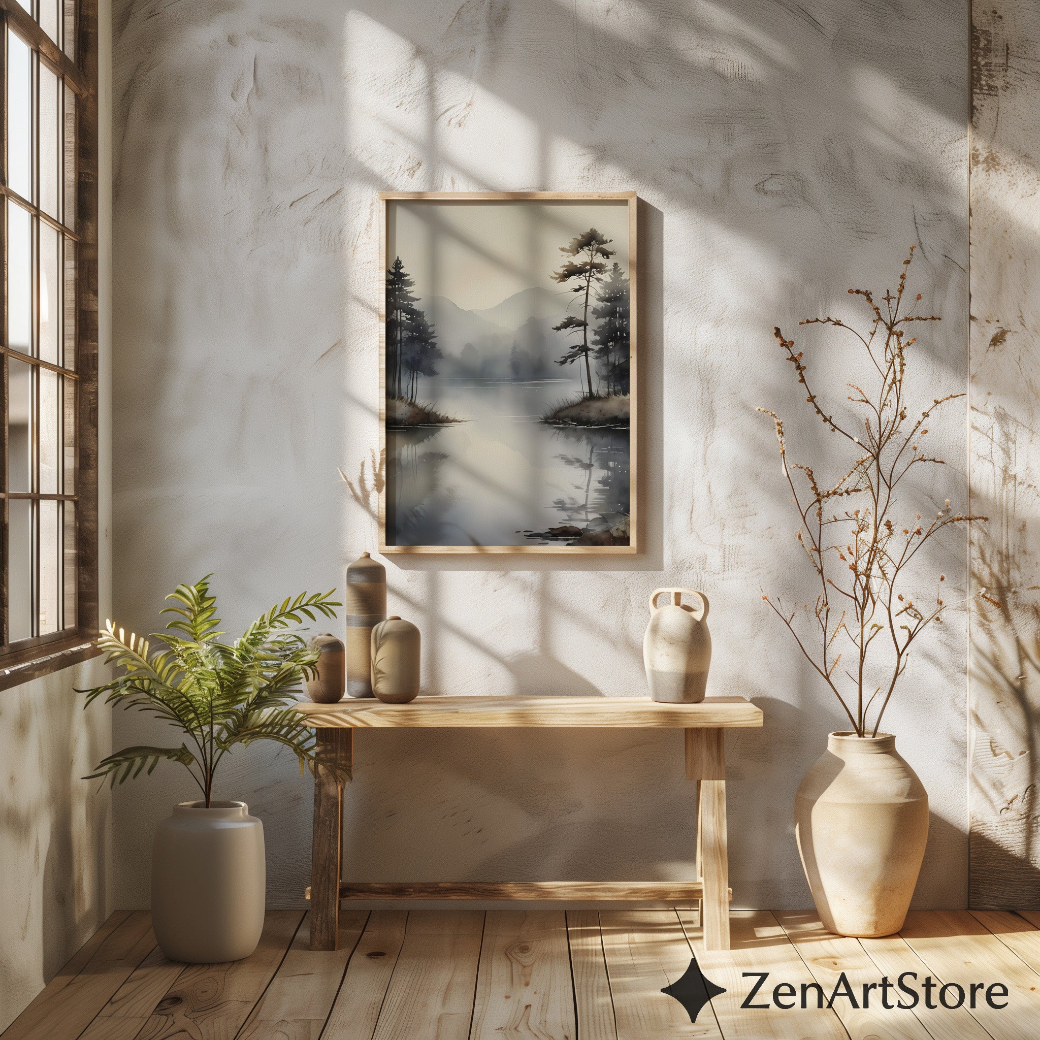 Misty Lake Minimalist Wall Art - Neutral Japandi Landscape Print, Calm Scandinavian Zen Decor for Living Room, Bedroom & Office