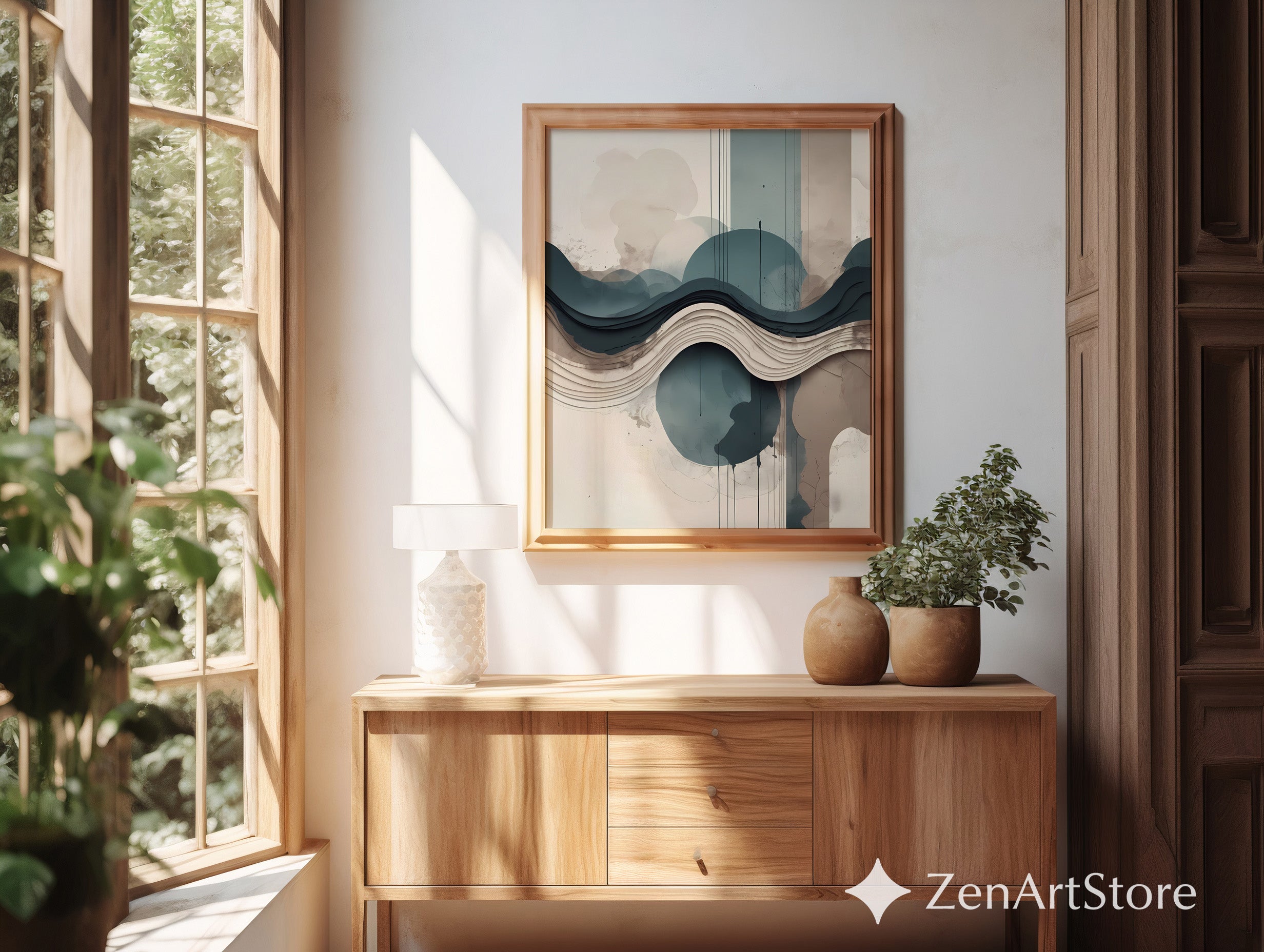 Layered Abstract Landscape Wall Art - Japandi Teal Beige Minimalist Print for Living Room & Bedroom