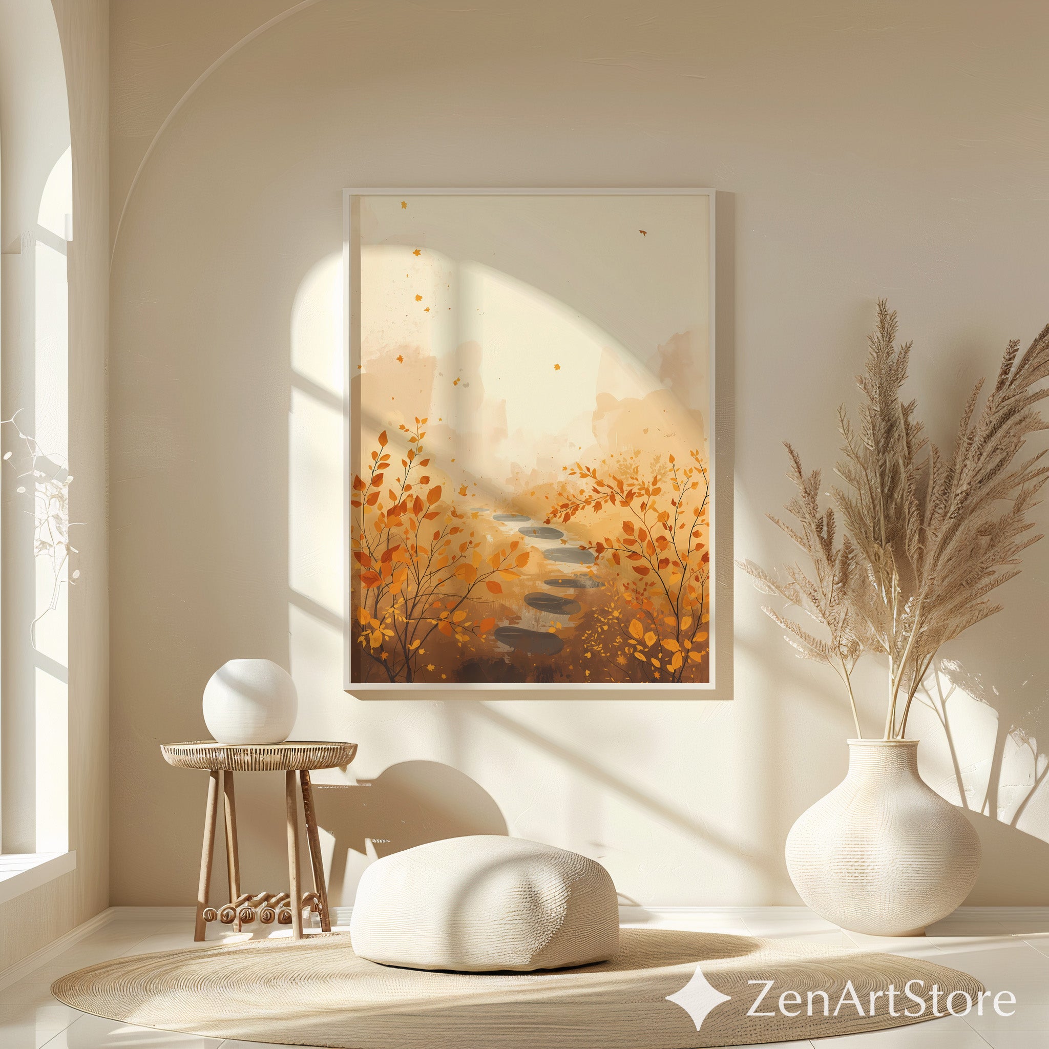 Autumn Path Wall Art - Minimal Fall Landscape Print, Japandi Beige Orange Botanical Home Decor