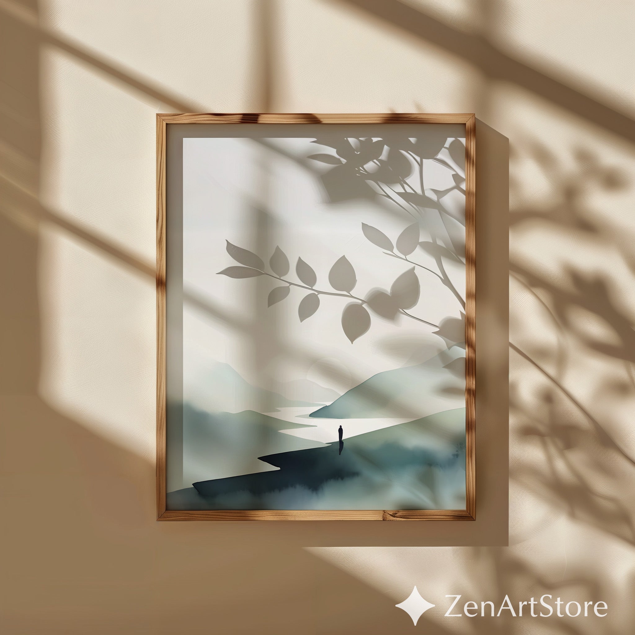 Minimalist Mountain Print - Zen Landscape Wall Art, Japandi Neutral Sun & River, Scandinavian Calm Home Decor