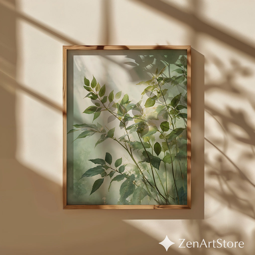 Serene Green Botanical Art Print - Minimal Leaf Wall Art, Japandi Wabi Sabi Neutral Home Decor