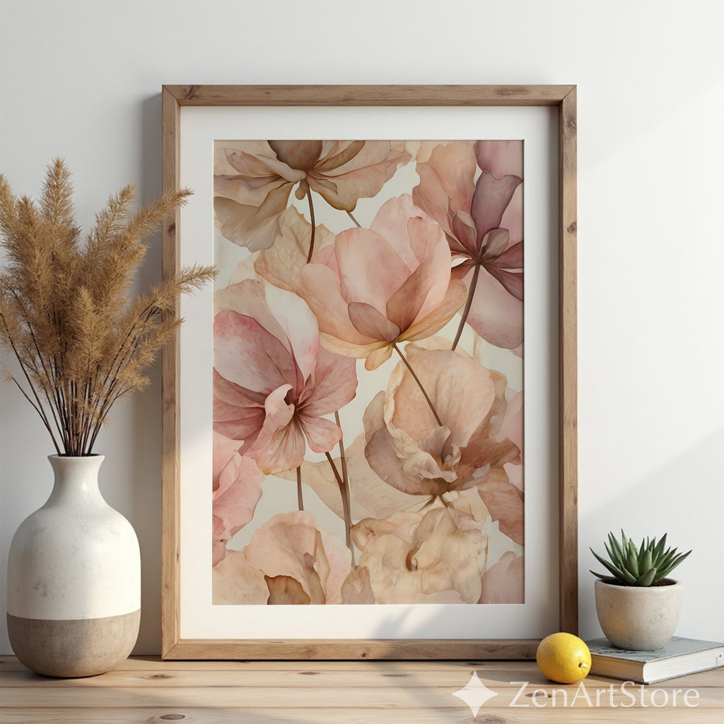 Blush Floral Wall Art Print - Soft Pink Beige Botanical Canvas for Neutral Japandi, Minimal Home Decor