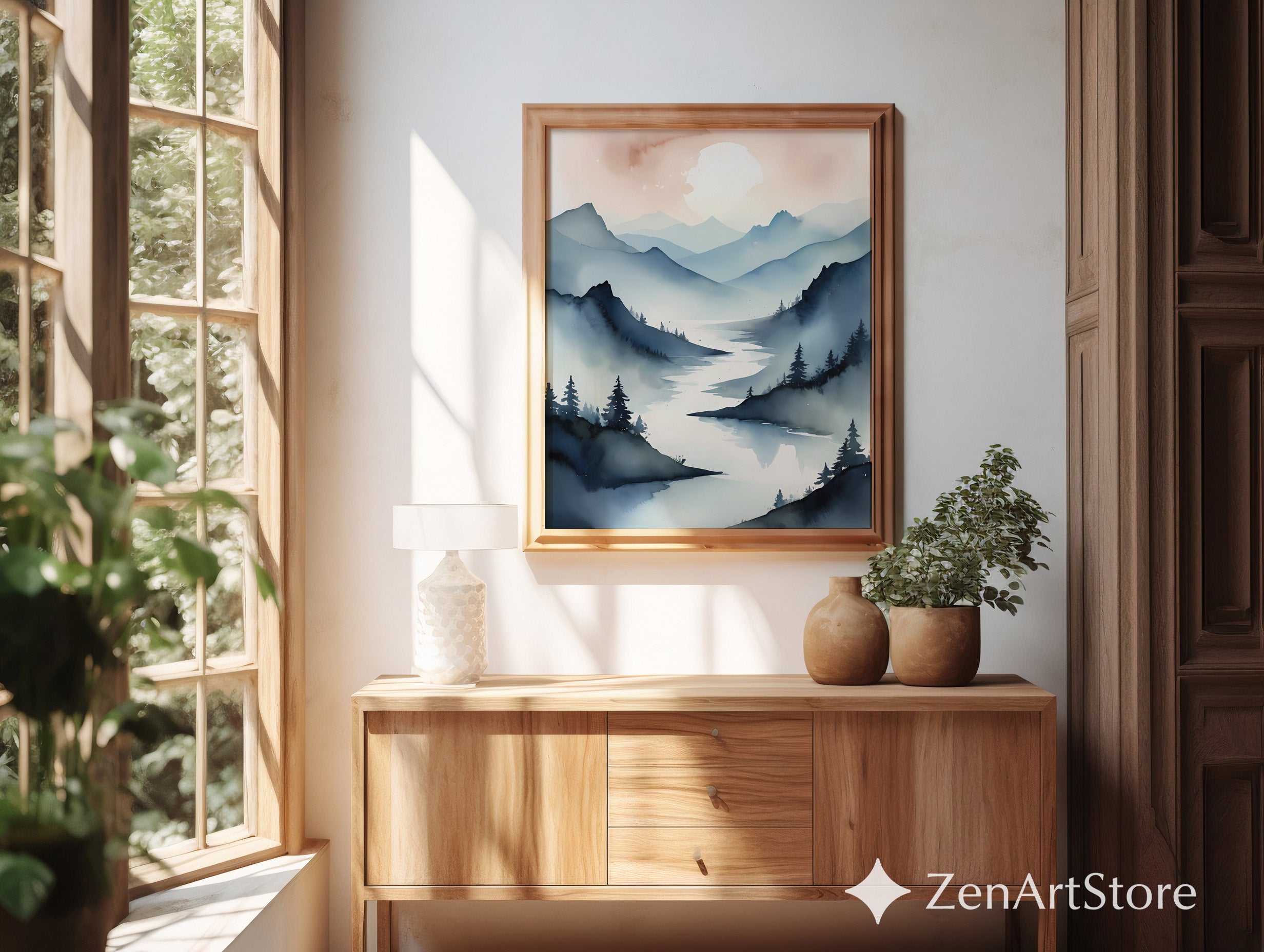 Misty Mountain Watercolor Print - Minimalist Landscape Wall Art, Japandi Scandinavian Calm Neutral Blue Beige Home Decor