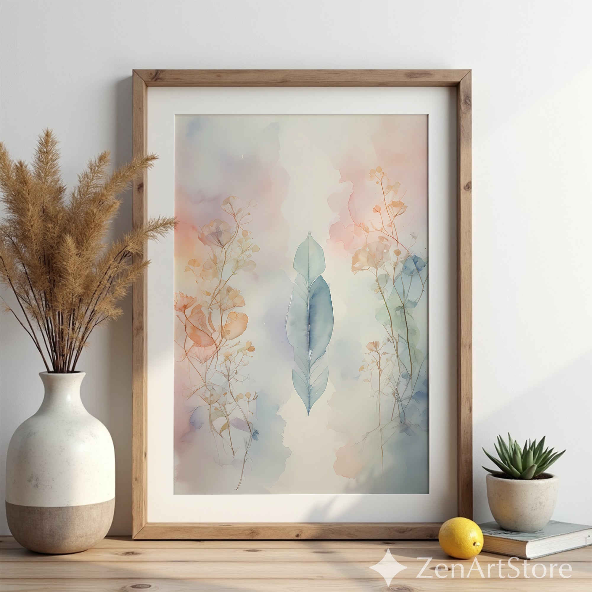 Pastel Botanical Watercolor Feather Print - Minimal Zen Japandi Wall Art, Soft Blush Blue Neutral Home Decor