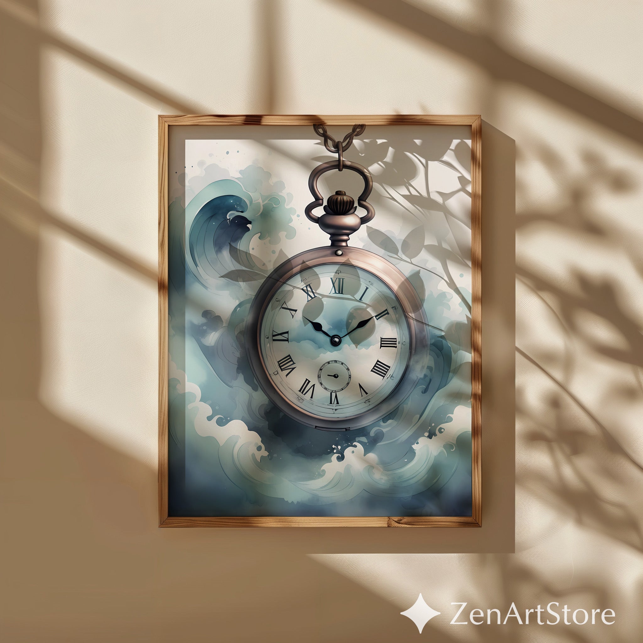 Vintage Pocket Watch Ocean Waves Print - Nautical Wall Art, Serene Blue Timepiece for Coastal, Japandi & Scandinavian Decor
