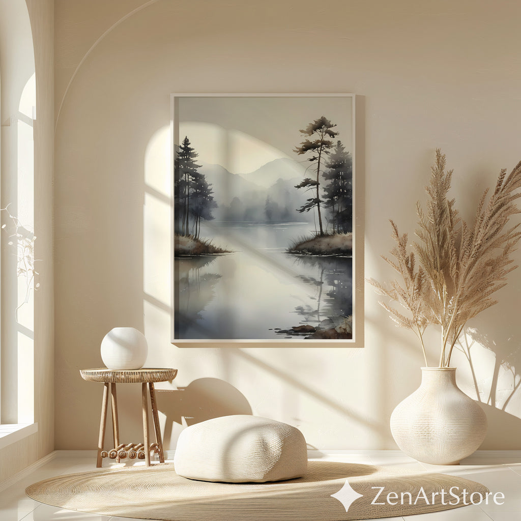 Misty Lake Minimalist Wall Art - Neutral Japandi Landscape Print, Calm Scandinavian Zen Decor for Living Room, Bedroom & Office