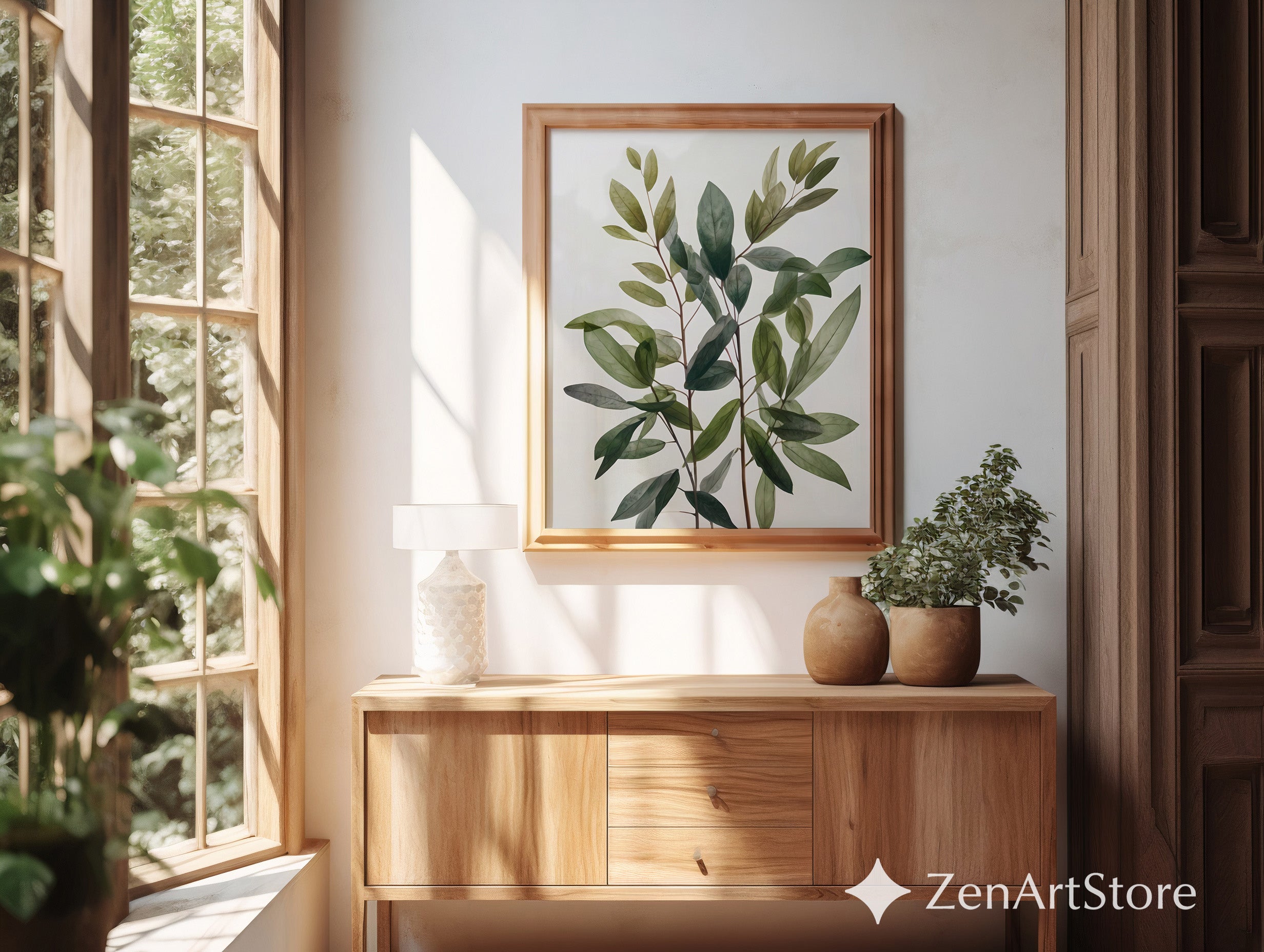 Minimal Green Leaves Botanical Wall Art - Modern Neutral Plant Print for Scandinavian Japandi Home Decor