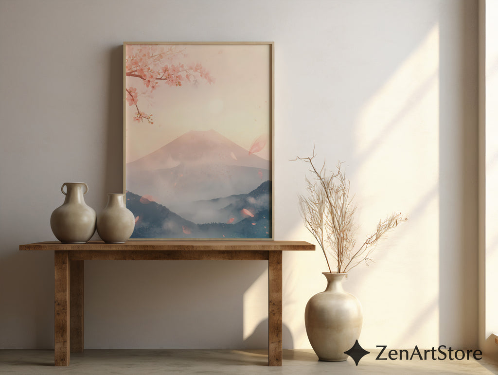 Sakura Mist Pastel Japanese Mountain Wall Art - Cherry Blossom Zen Print for Living Room, Japandi Minimal Home Decor