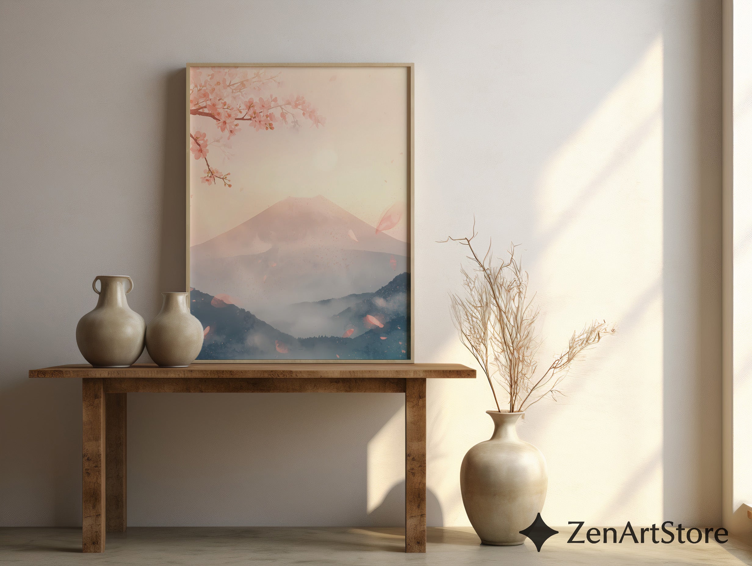 Sakura Mist Pastel Japanese Mountain Wall Art - Cherry Blossom Zen Print for Living Room, Japandi Minimal Home Decor