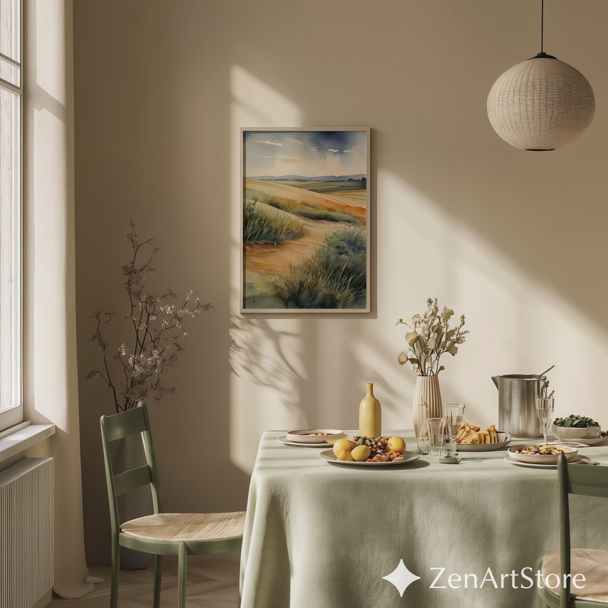 Coastal Dune Watercolor Print - Neutral Landscape Wall Art, Sand Dunes & Sea Grass, Japandi Wabi-Sabi Minimal Home Decor