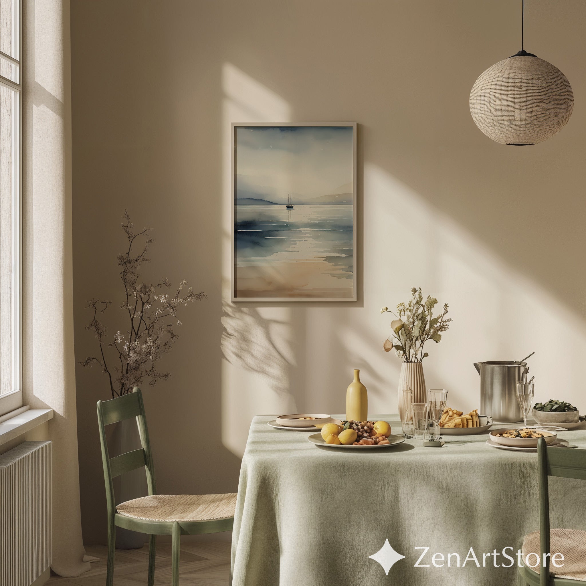 Minimal Watercolor Seascape Print with Lone Sailboat - Serene Neutral Coastal Wall Art for Living Room, Bedroom, Japandi Decor