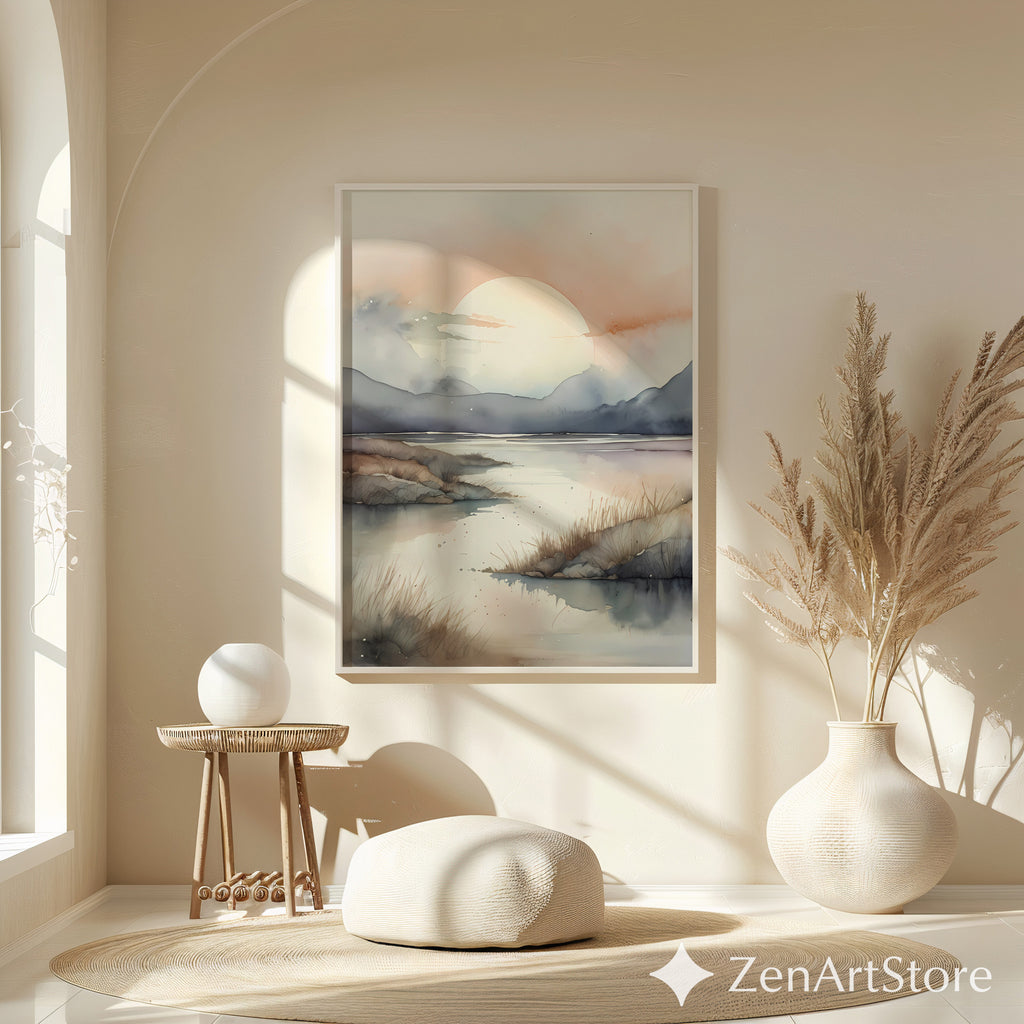 Serene Sunrise Watercolor Landscape Print - Neutral Japandi Minimal Wall Art for Living Room