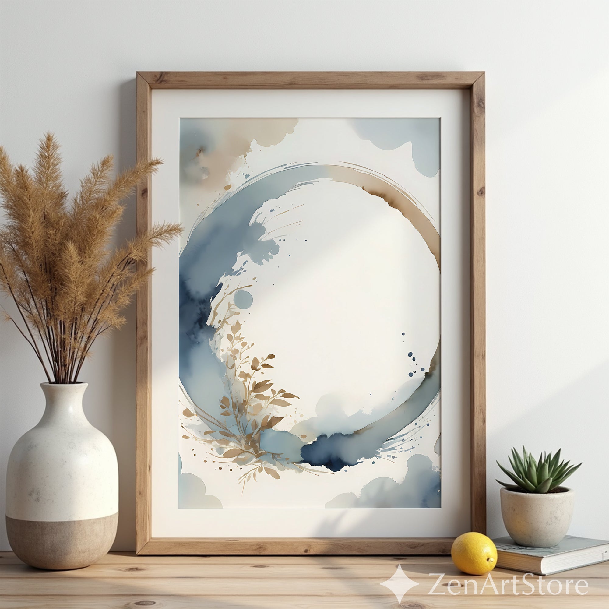 Neutral Abstract Circle Watercolor Print - Zen Enso Botanical Wall Art in Blue & Beige - Minimal Japandi Wabi Sabi Home Decor