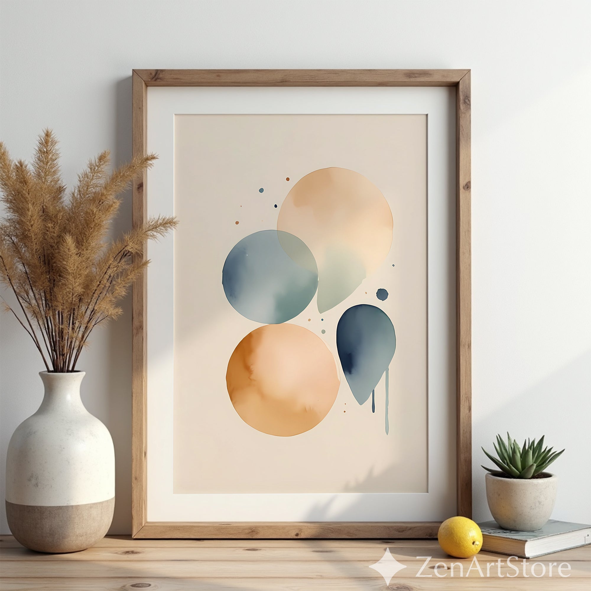 Neutral Abstract Watercolor Circles Wall Art – Minimalist Beige & Blue Modern Print for Living Room & Bedroom