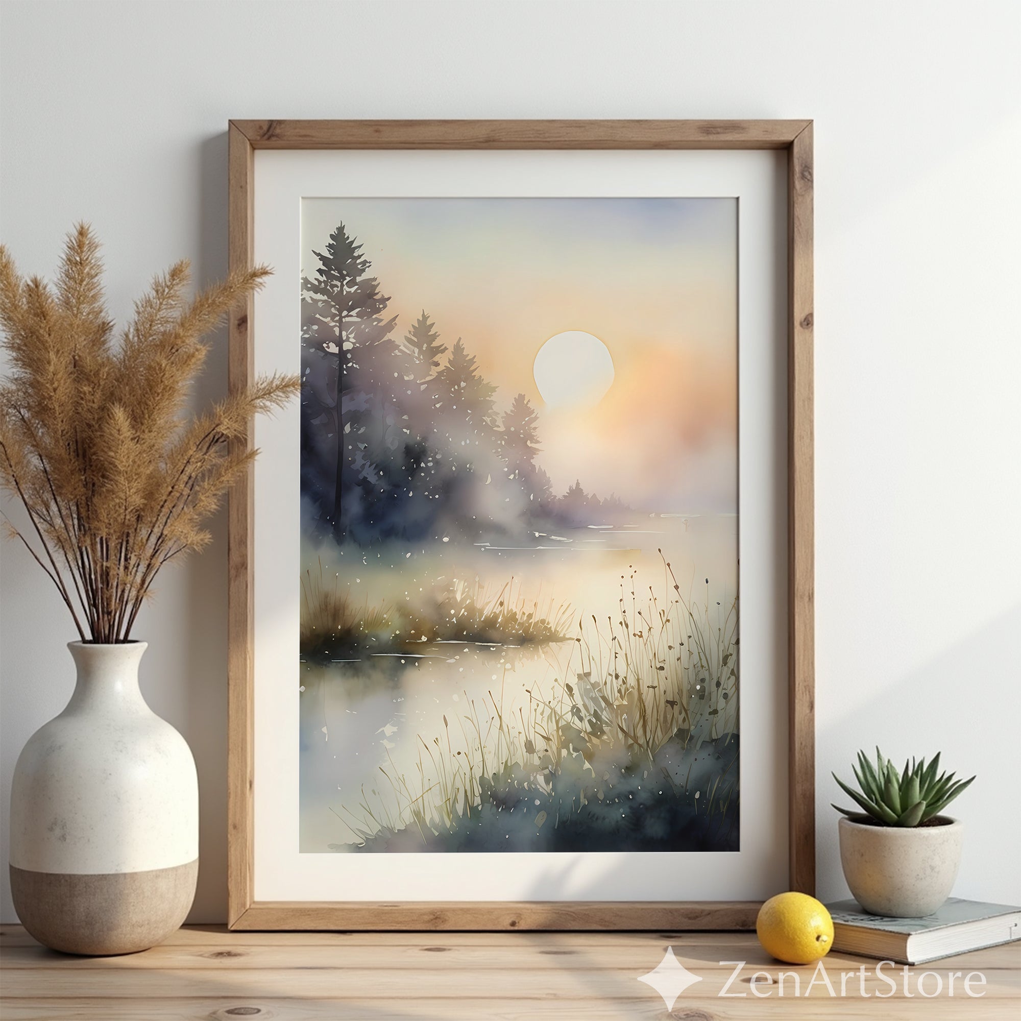 Misty Sunrise Lake Watercolor Print - Serene Scandinavian Japandi Landscape Art for Living Room & Bedroom Minimal Wall Decor