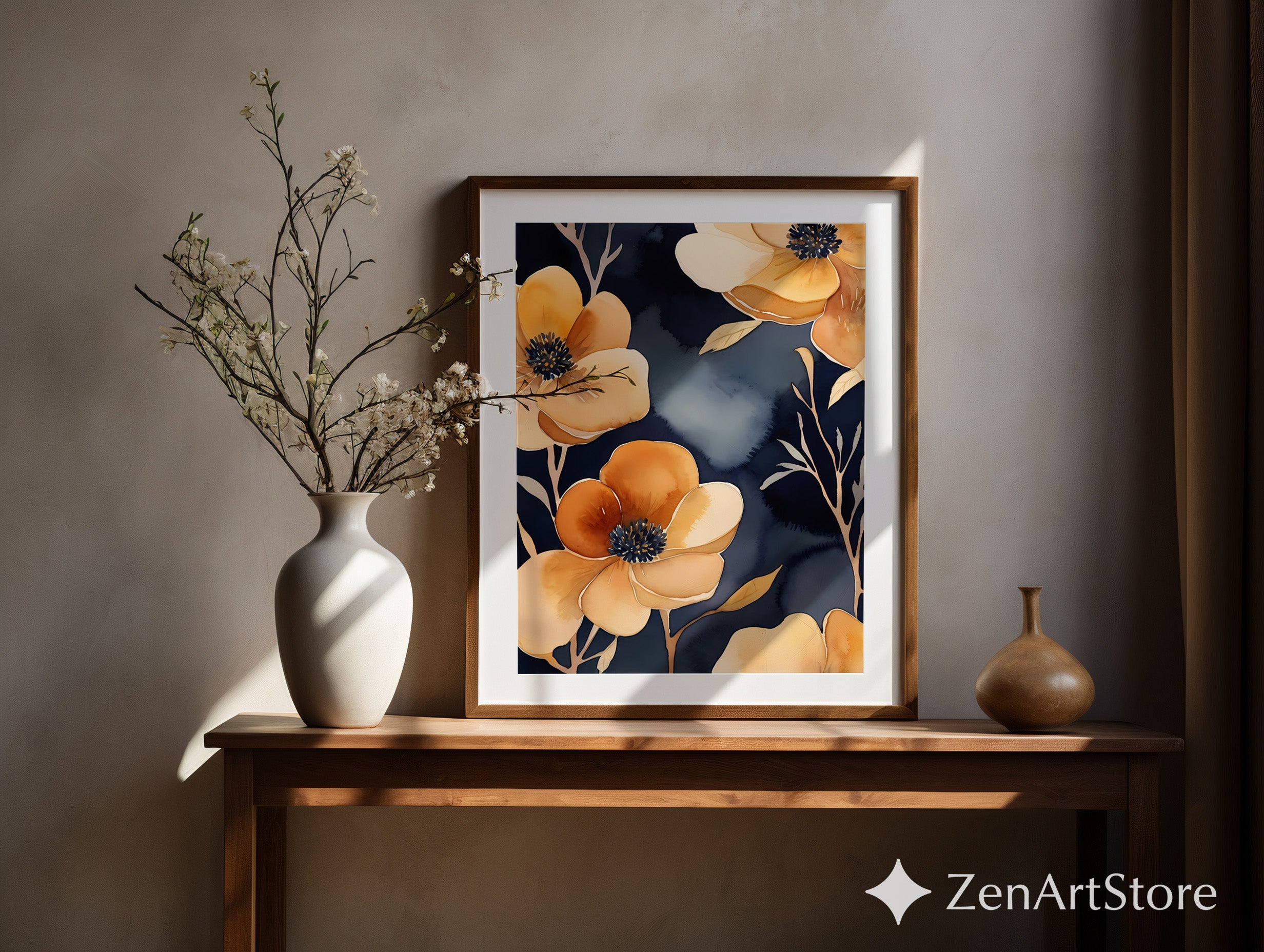 Navy and Gold Floral Wall Art Printable, Modern Botanical Watercolor Canvas, Minimalist Beige Flower Home Decor