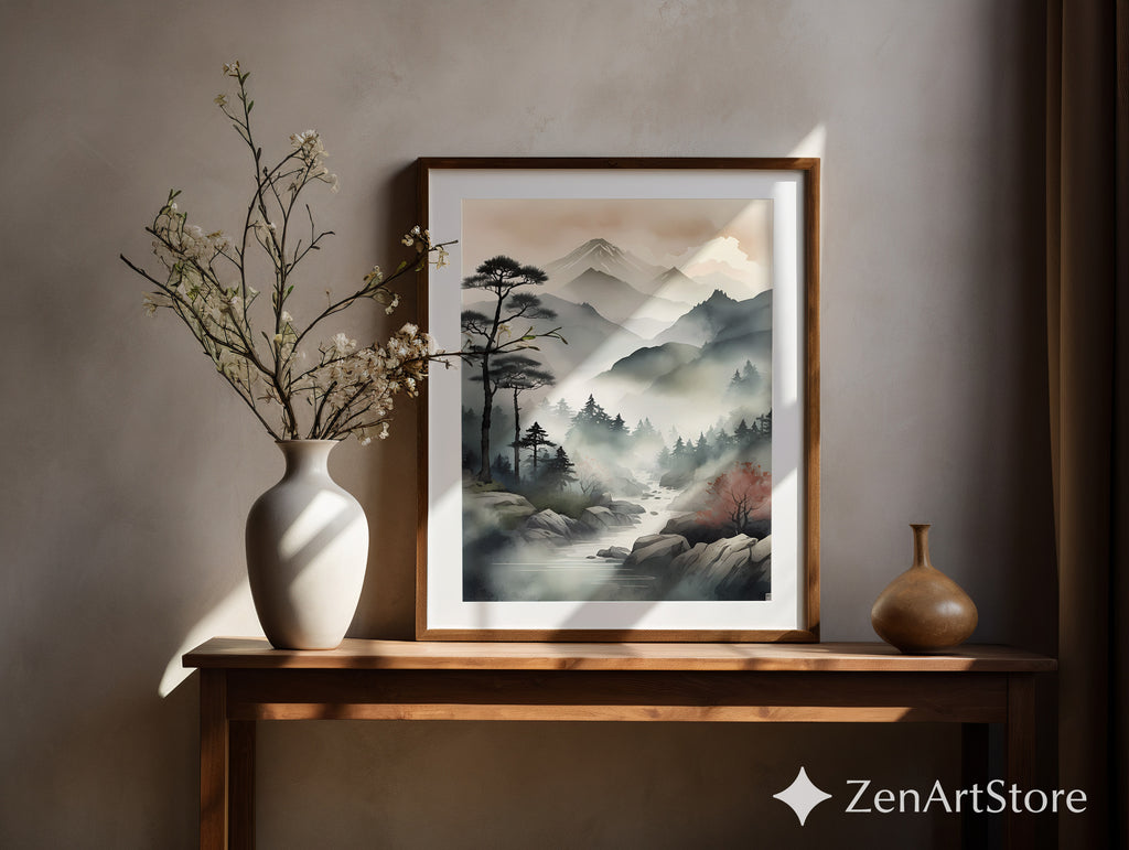 Zen Japanese Mountain Mist Printable Wall Art - Minimal Sumi-e Landscape for Calm Home