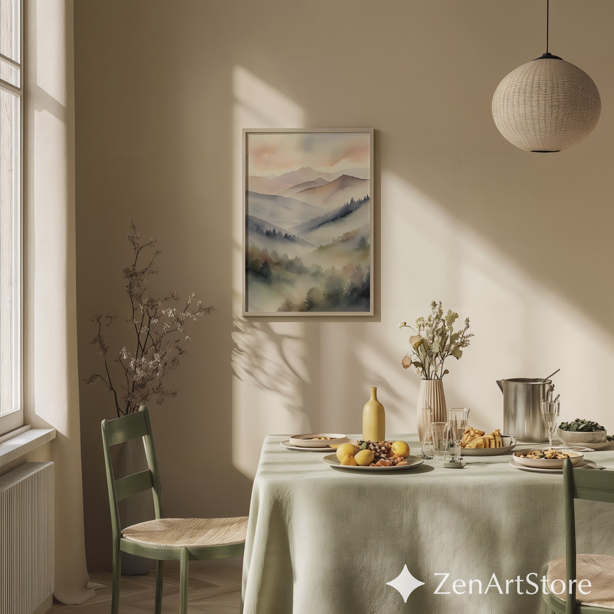 Misty Mountain Watercolor Print – Neutral Minimal Landscape Wall Art for Japandi, Scandinavian & Boho Homes