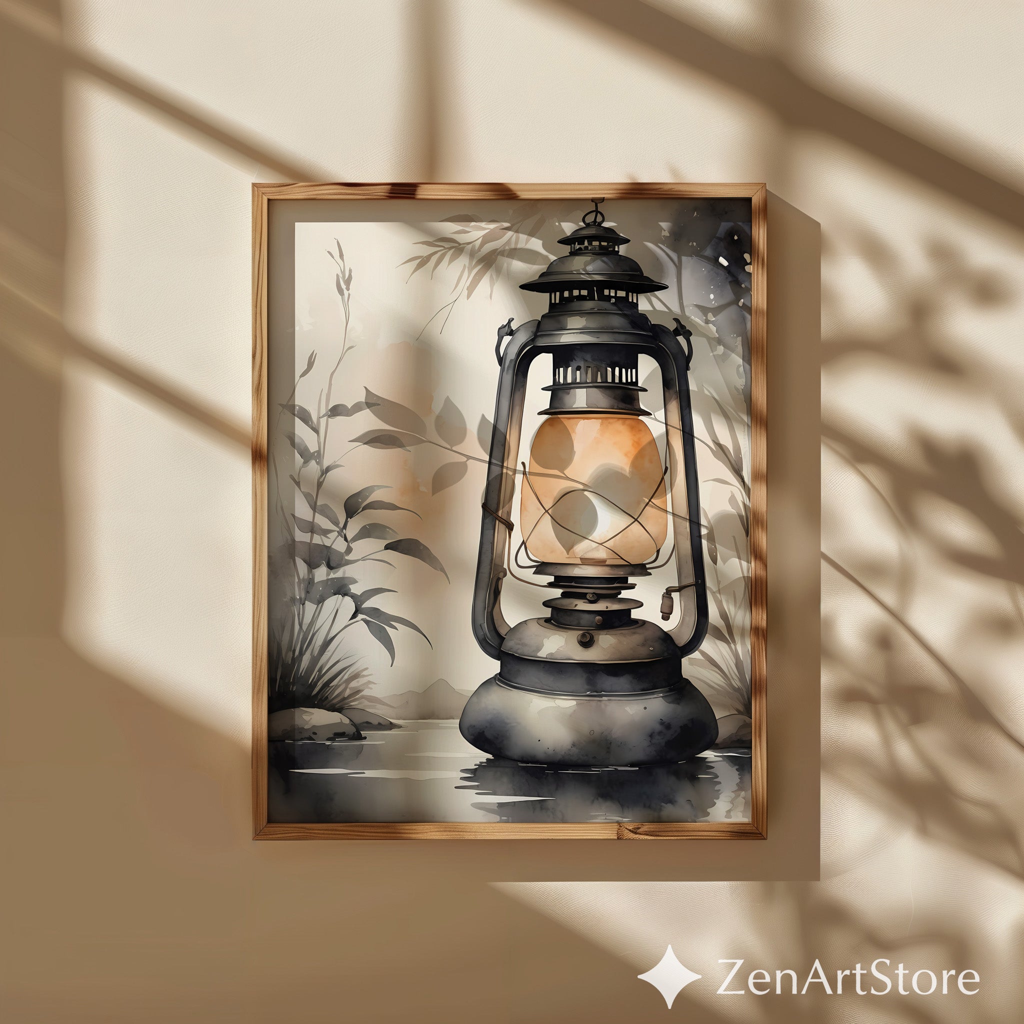 Vintage Lantern Wall Art - Neutral Japandi Wabi Sabi Lantern Illustration, Cozy Minimalist Home Decor Print