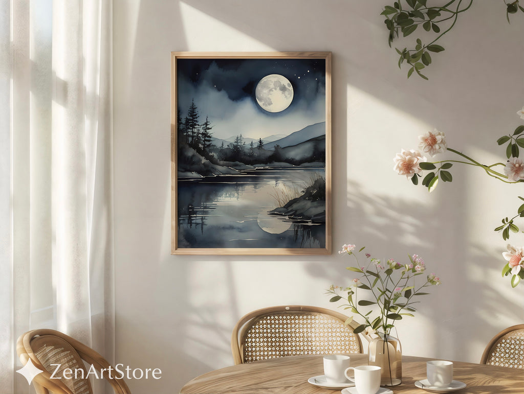 Moonlight Lake Watercolor Print - Night Sky Reflection Wall Art, Minimal Scandinavian Moon Landscape for Bedroom