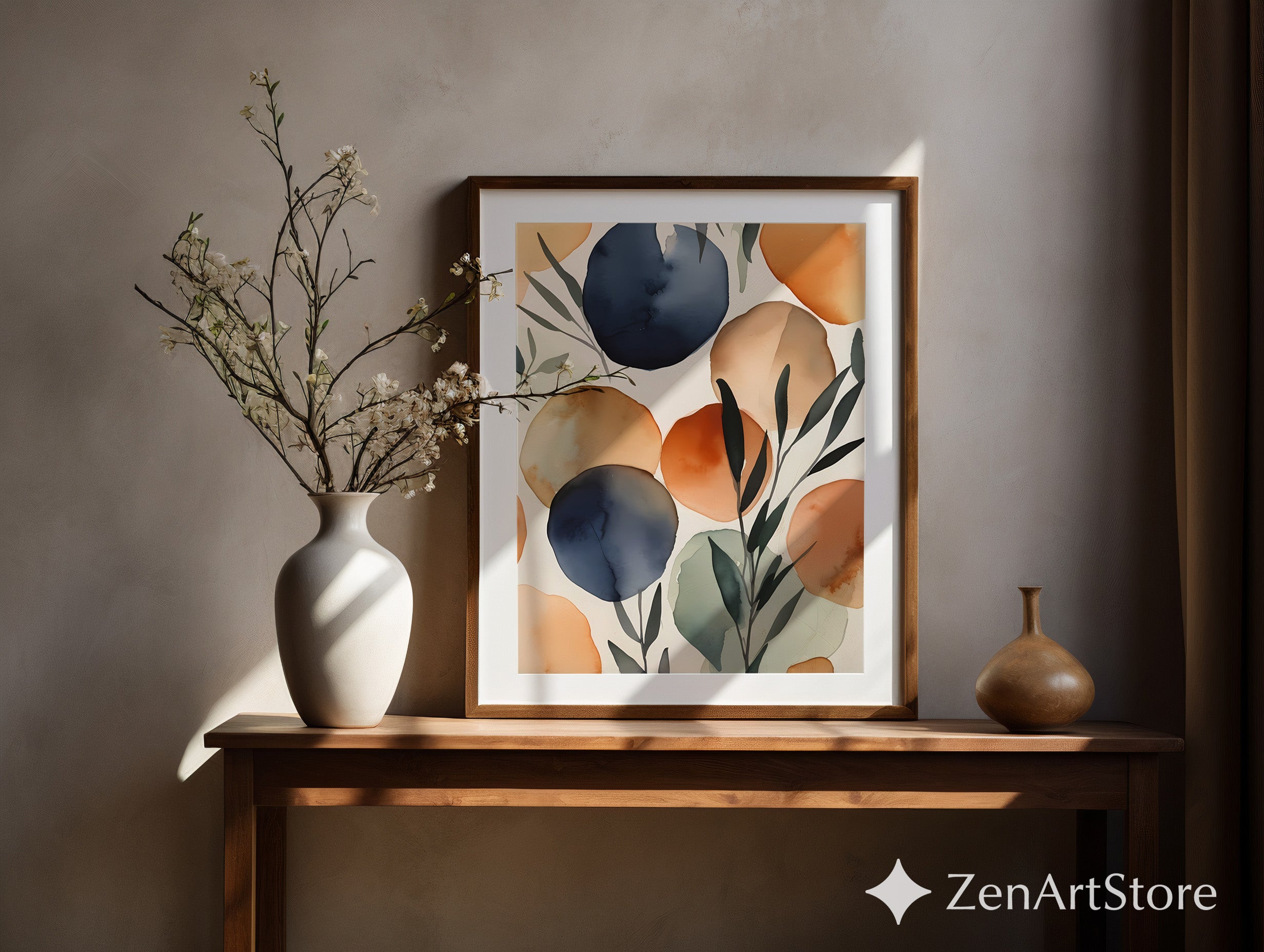 Abstract Watercolor Botanical Wall Art - Navy & Terracotta Minimal Print, Japandi Scandinavian Neutral Home Decor