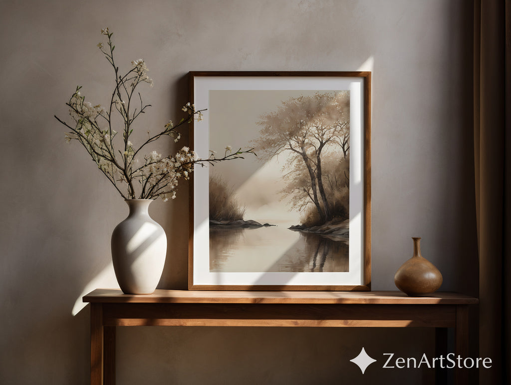 Serene Sepia Lake Landscape Print – Minimal Japandi Wabi Sabi Wall Art, Neutral Brown Beige Canvas or Digital Download
