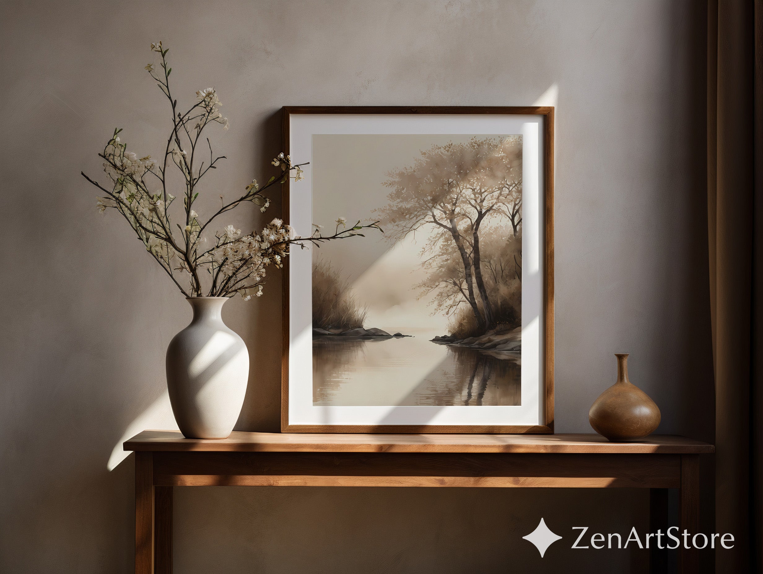 Serene Sepia Lake Landscape Print – Minimal Japandi Wabi Sabi Wall Art, Neutral Brown Beige Canvas or Digital Download