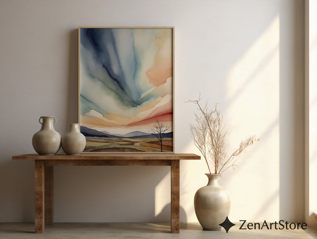 Abstract Zen Landscape Watercolor Print - Minimal Japandi Wall Art, Neutral Sky & Hills for Living Room