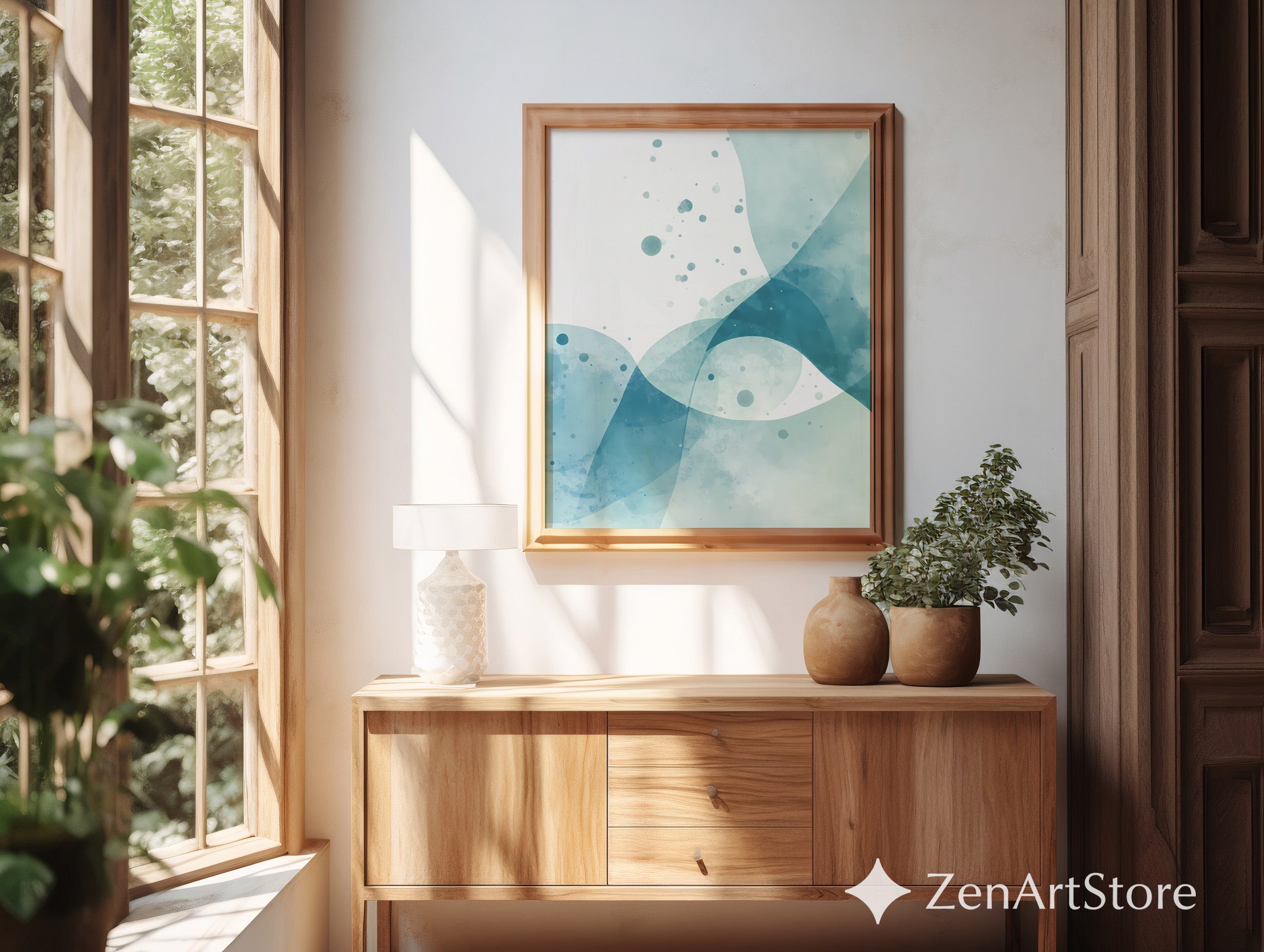 Teal Abstract Watercolor Art Print - Minimal Blue Modern Wall Art for Living Room, Bedroom, Japandi Wabi Sabi Home Decor