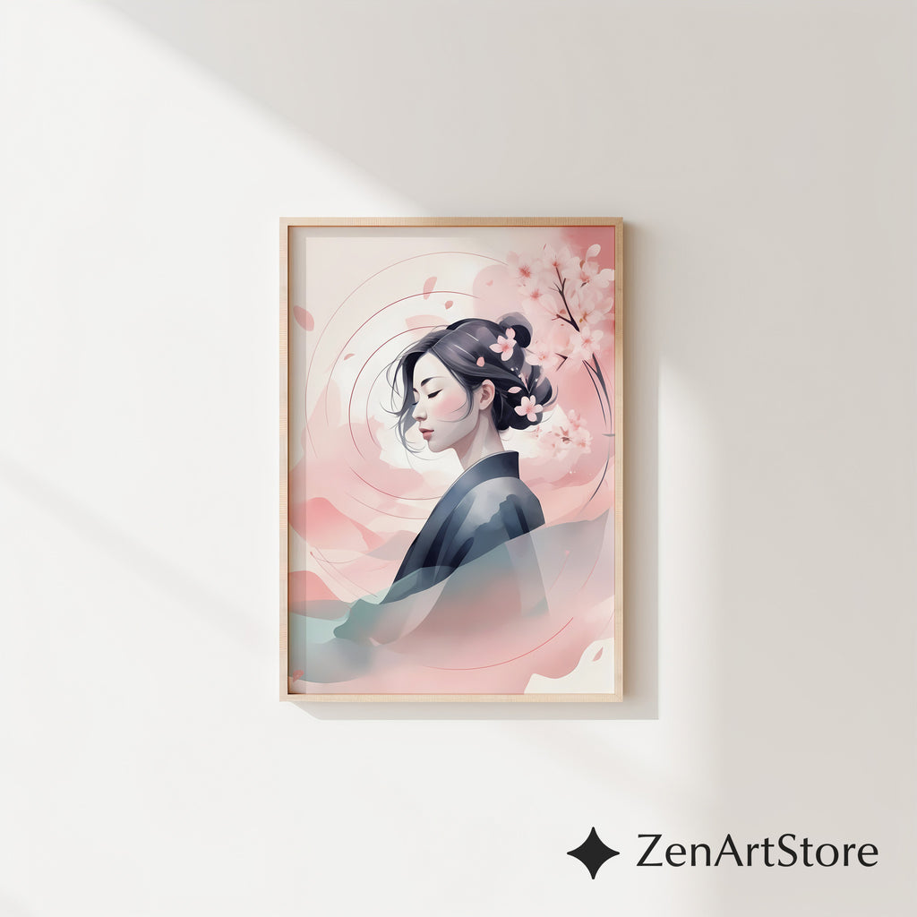 Serene Sakura Portrait Print - Japandi Minimal Cherry Blossom Wall Art, Zen Pastel Home Decor