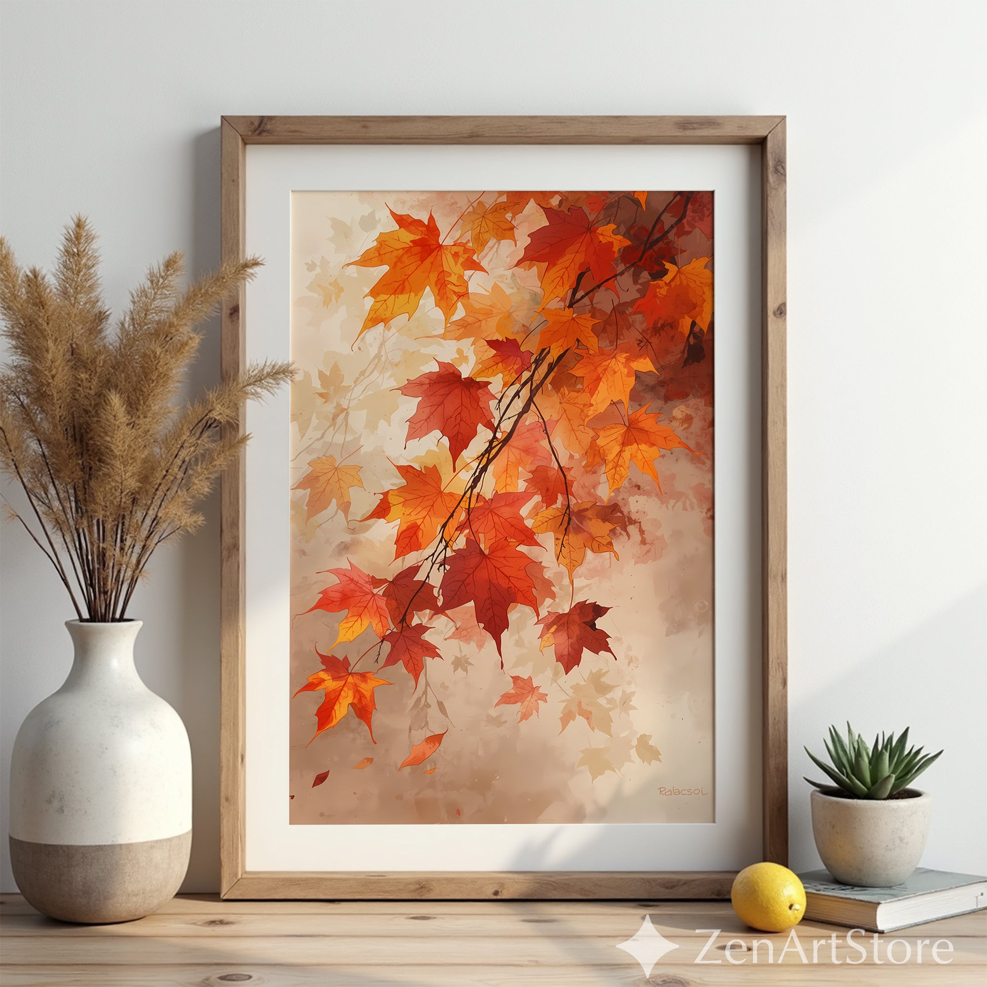 Autumn Maple Leaves Wall Art - Neutral Fall Print, Orange Brown Botanical Decor, Printable & Canvas