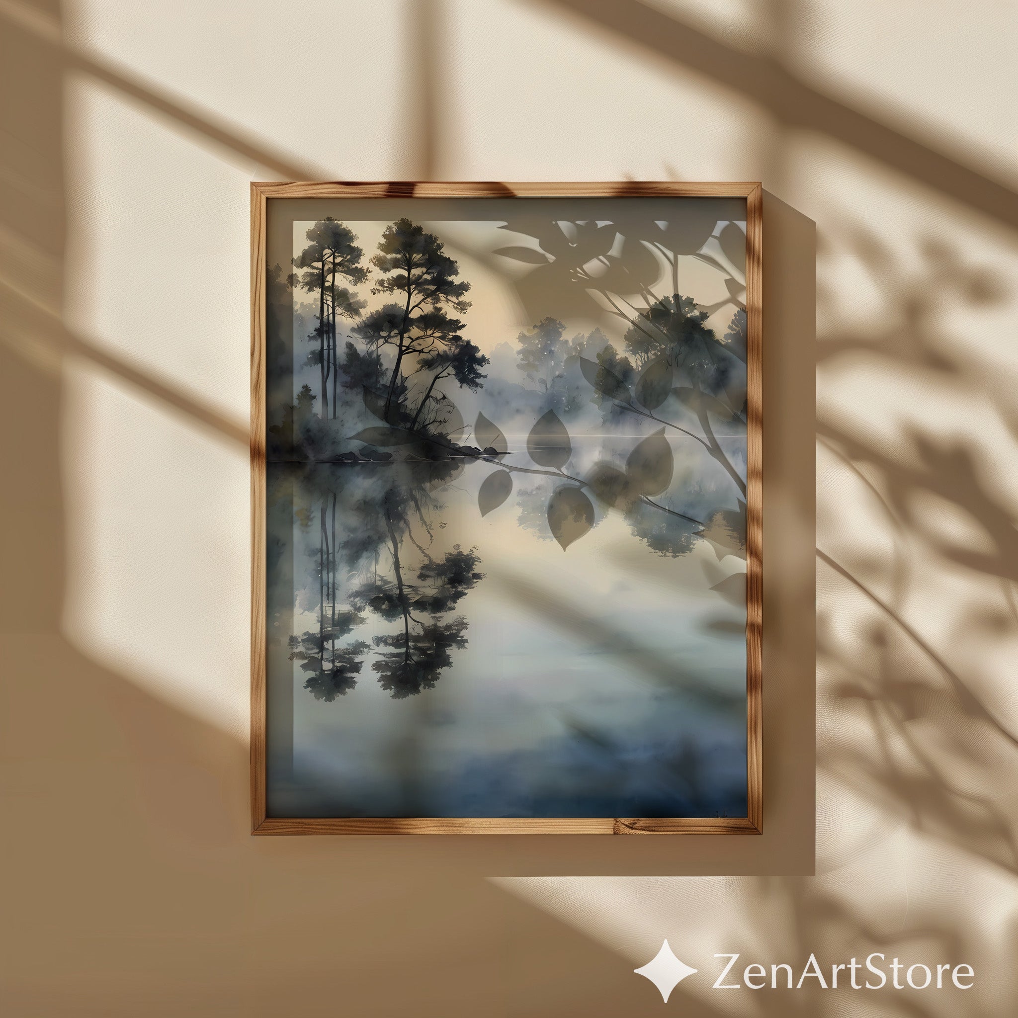 Misty Lake Reflection Watercolor Print - Calm Neutral Landscape Wall Art for Bedroom, Living Room, Japandi & Scandinavian Decor