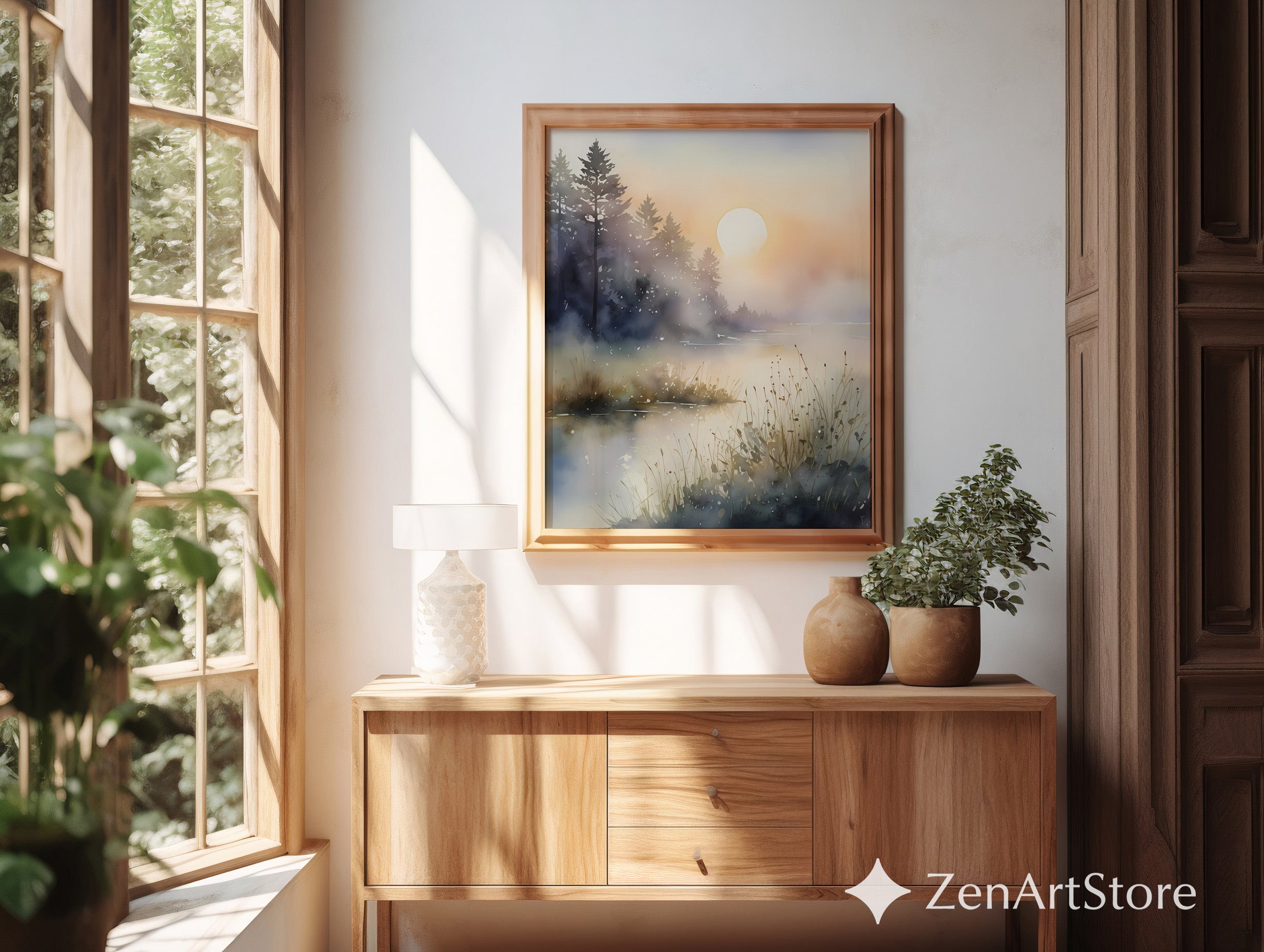 Misty Sunrise Lake Watercolor Print - Serene Scandinavian Japandi Landscape Art for Living Room & Bedroom Minimal Wall Decor