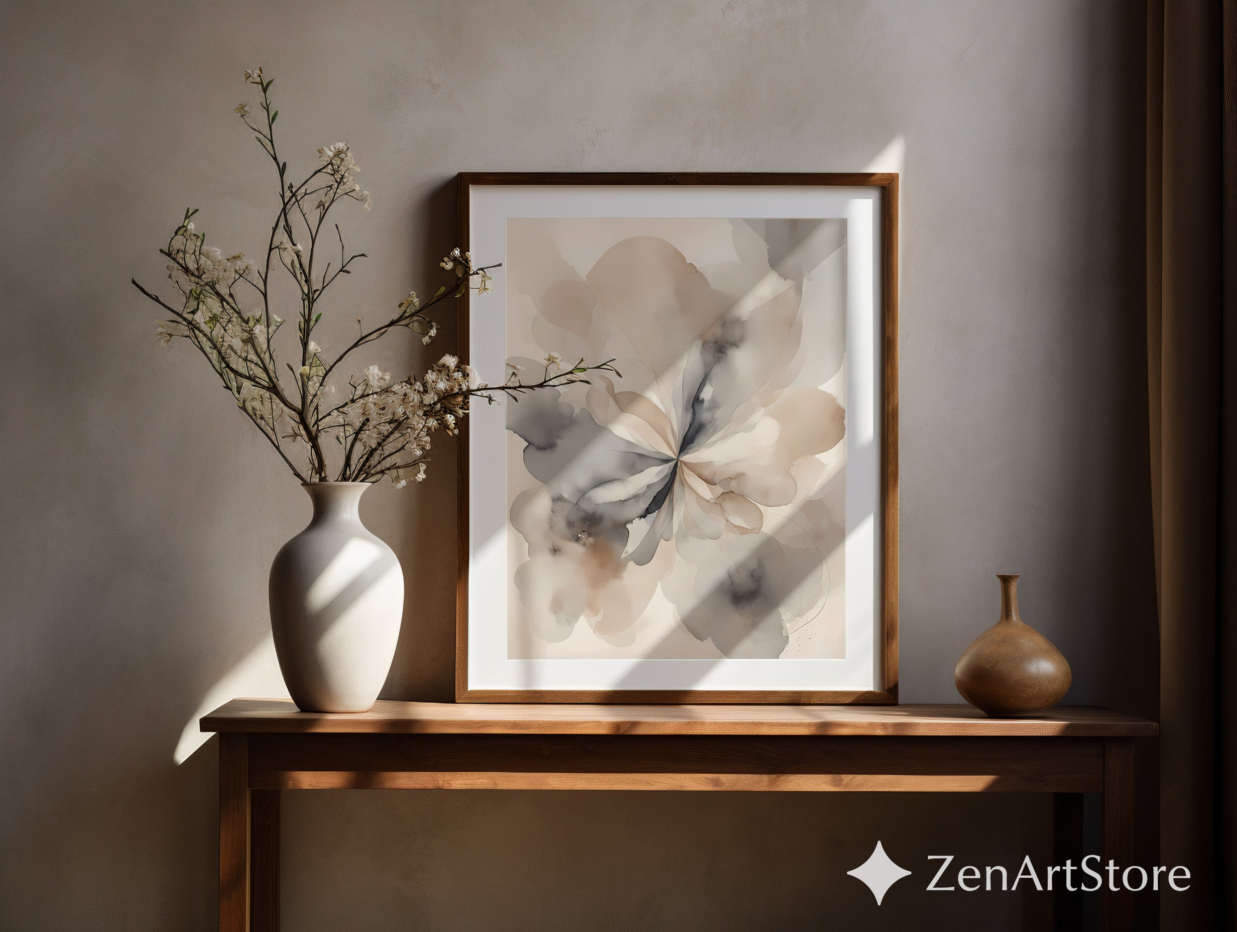 Neutral Abstract Floral Wall Art - Minimal Beige & Gray Watercolor Print, Modern Japandi Wabi-Sabi Botanical Decor