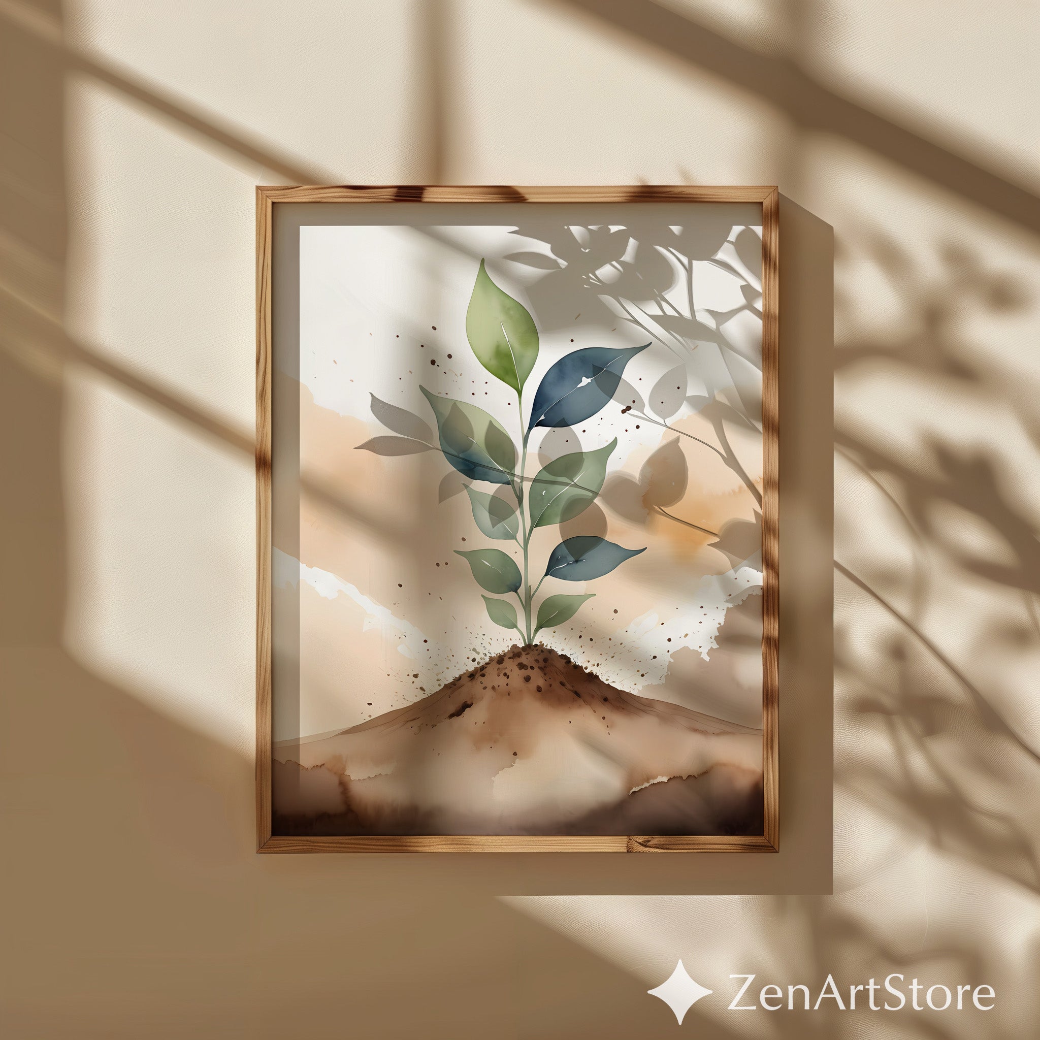 Botanical Sprout Watercolor Print - Minimal Neutral Plant Wall Art, Japandi Wabi Sabi Home Decor, Printable Green Leaf Illustration