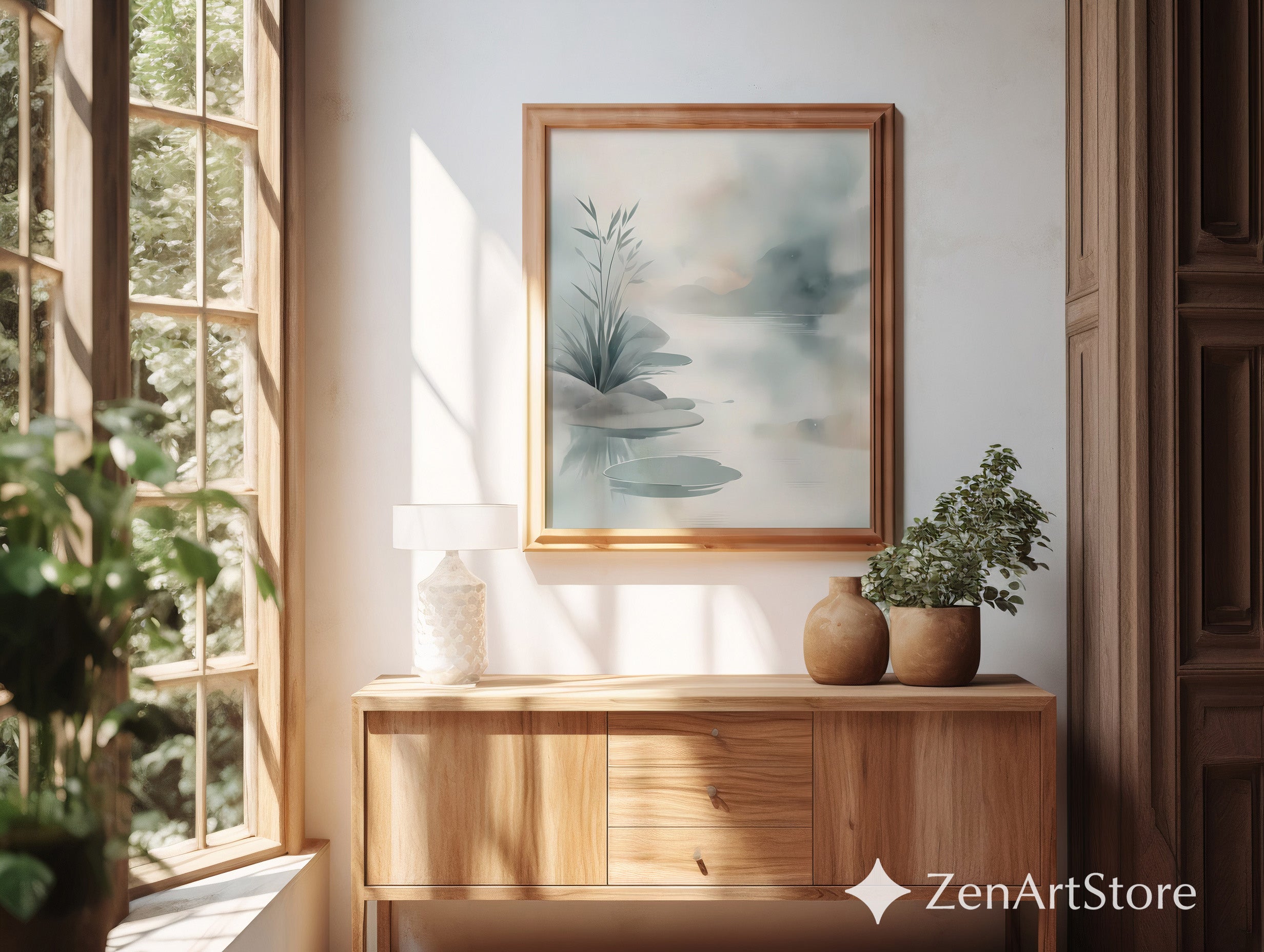 Minimal Zen Lake Wall Art - Japandi Botanical Landscape Print, Calm Neutral Watercolor, Scandinavian Home Decor