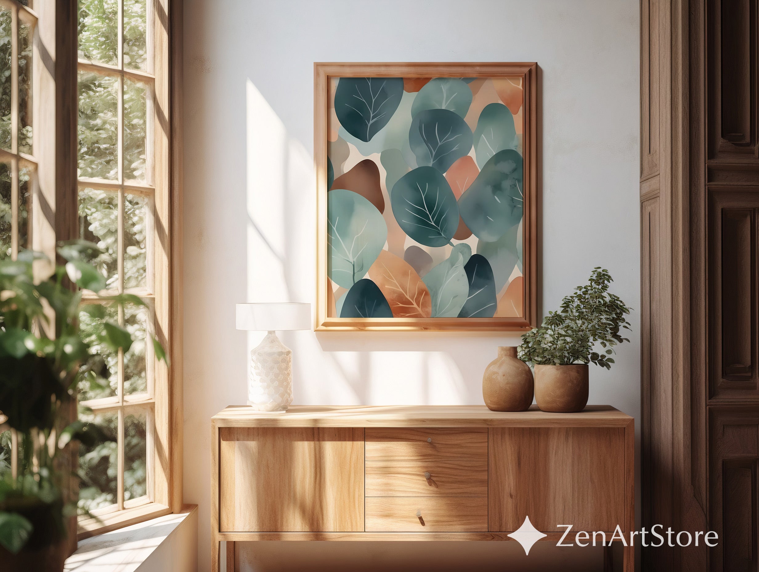 Abstract Botanical Leaf Art Print Teal & Terracotta Minimal Japandi Scandinavian Wall Decor