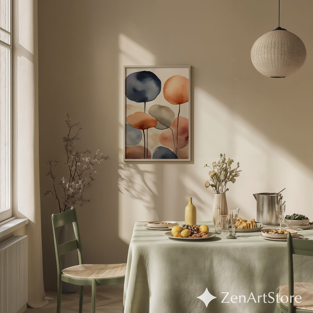 Abstract Watercolor Wall Art Neutral Terracotta & Blue - Minimal Japandi Scandi Zen Print for Living Room Bedroom